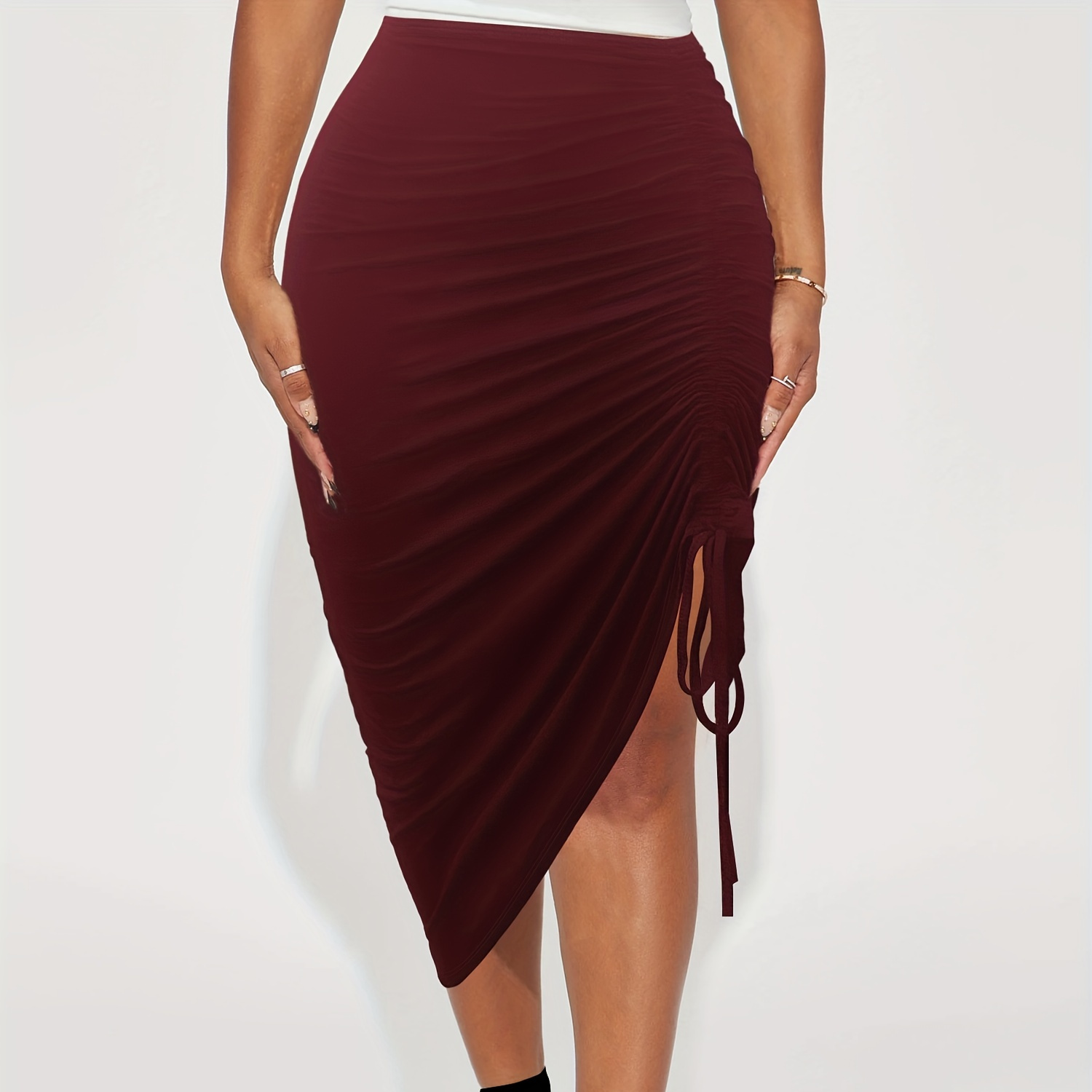 

Solid Drawstring Ruched Skirt, Elegant Bodycon Skirt For Spring & Summer, Women's Clothing