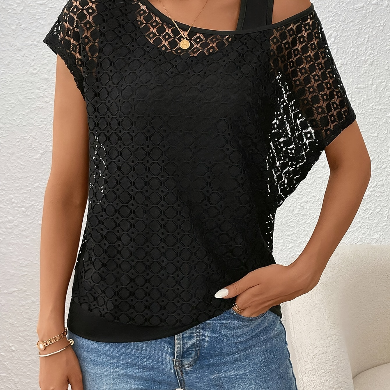

2 In 1 Lace Cold Shoulder T-shirt, Elegant Batwing Sleeve Solid Color Top For Spring & Summer, Women's Clothing