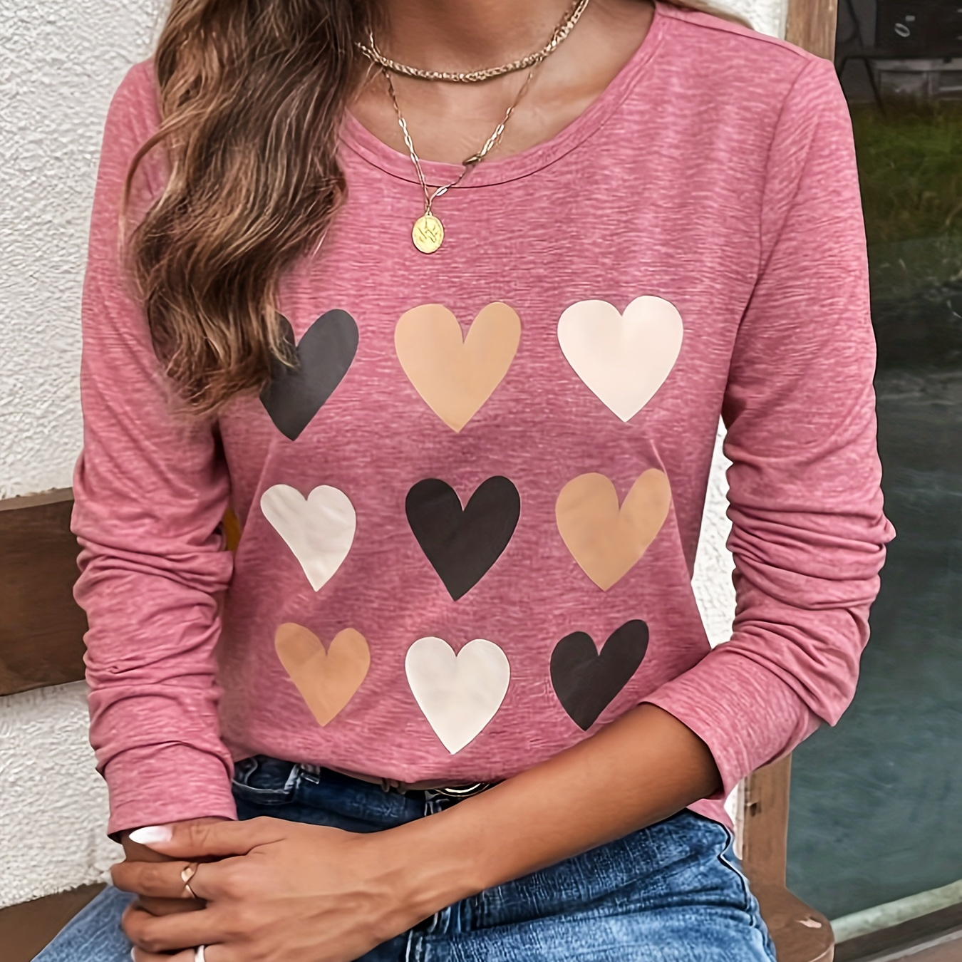 

Heart Print Crew Neck T-shirt, Elegant Long Sleeve Top For Spring & Fall, Women's Clothing