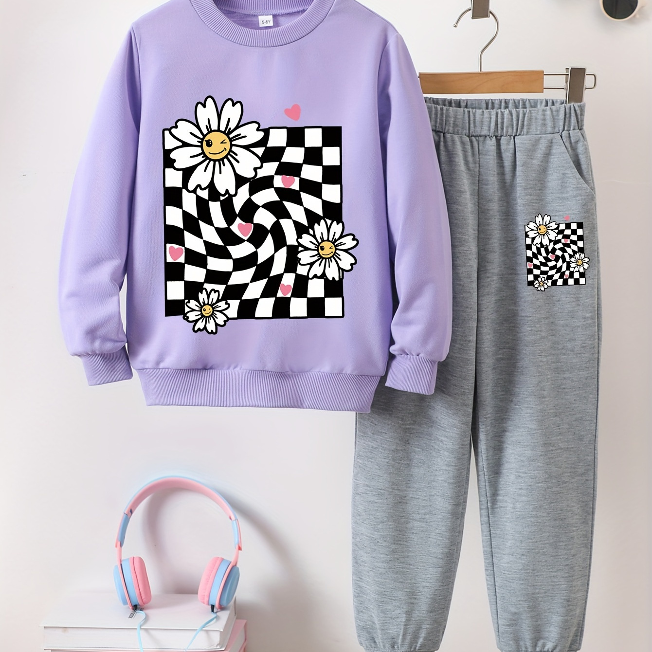 

Girls' Daisy Print Long Sleeve Crew Neck Sweatshirt & Joggers Set - Casual, Comfy Polyester Blend For Spring/fall