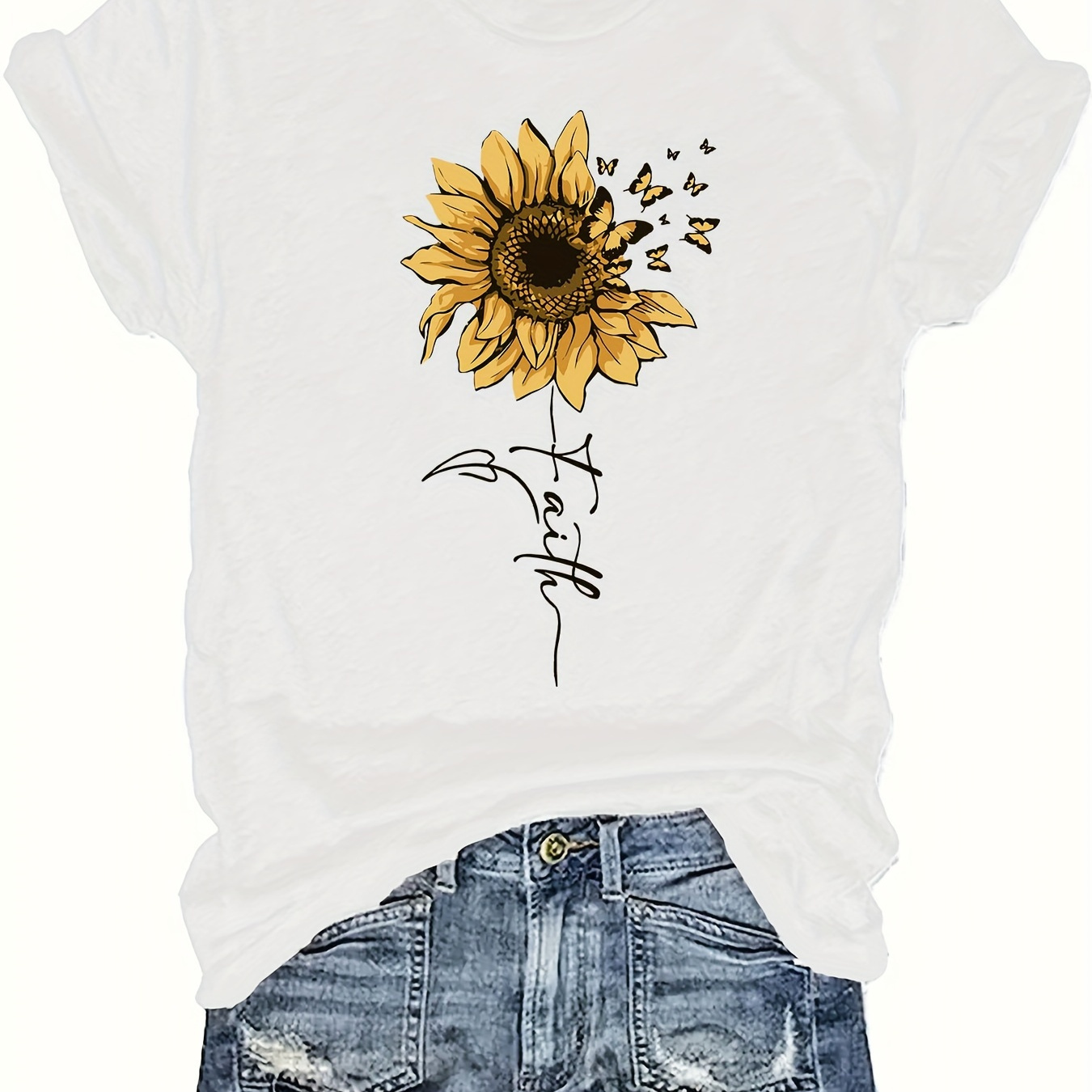 

Sunflower Print T-shirt, Short Sleeve Crew Neck Casual Top For Summer & Spring, Women's Clothing
