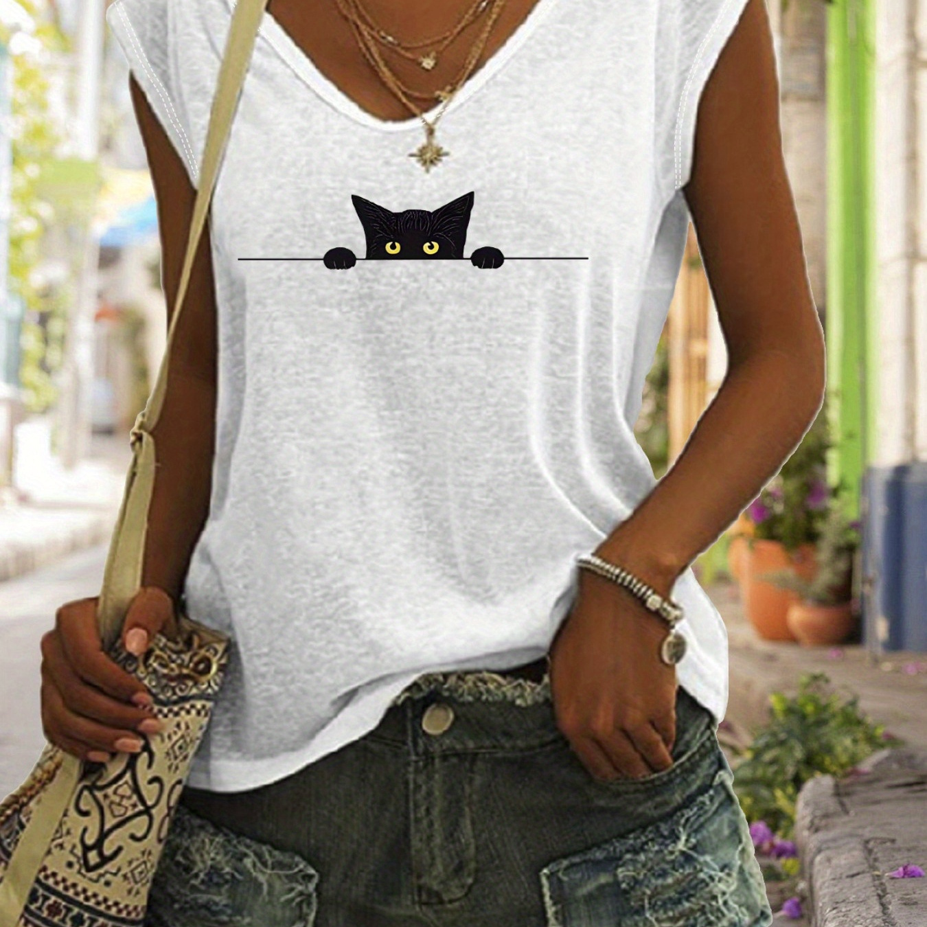 

Cat Print Tank Top, Casual V Neck Tank Top For Summer, Women's Clothing