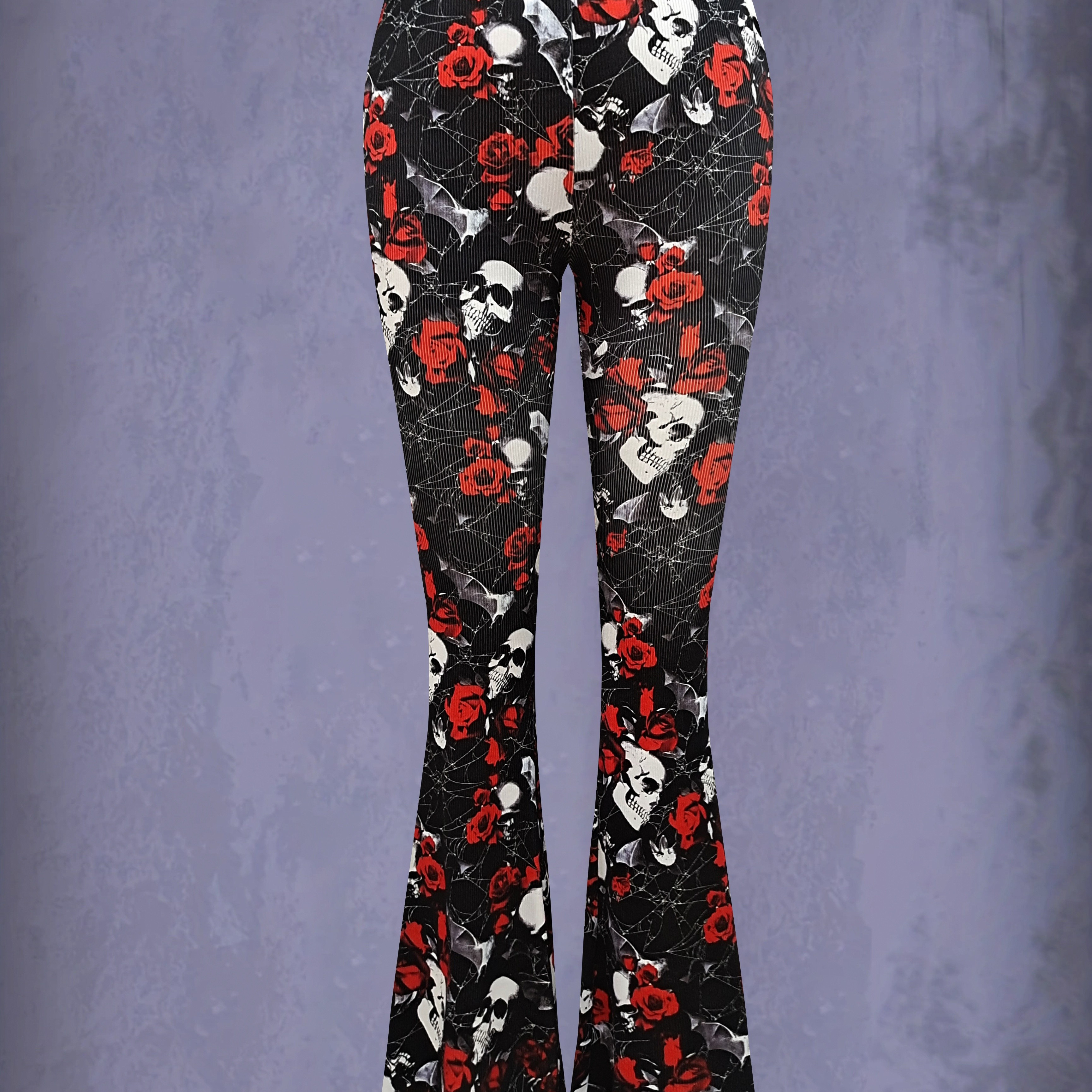 Halloween Skull Floral Print Bootcut Leggings Women's - Temu