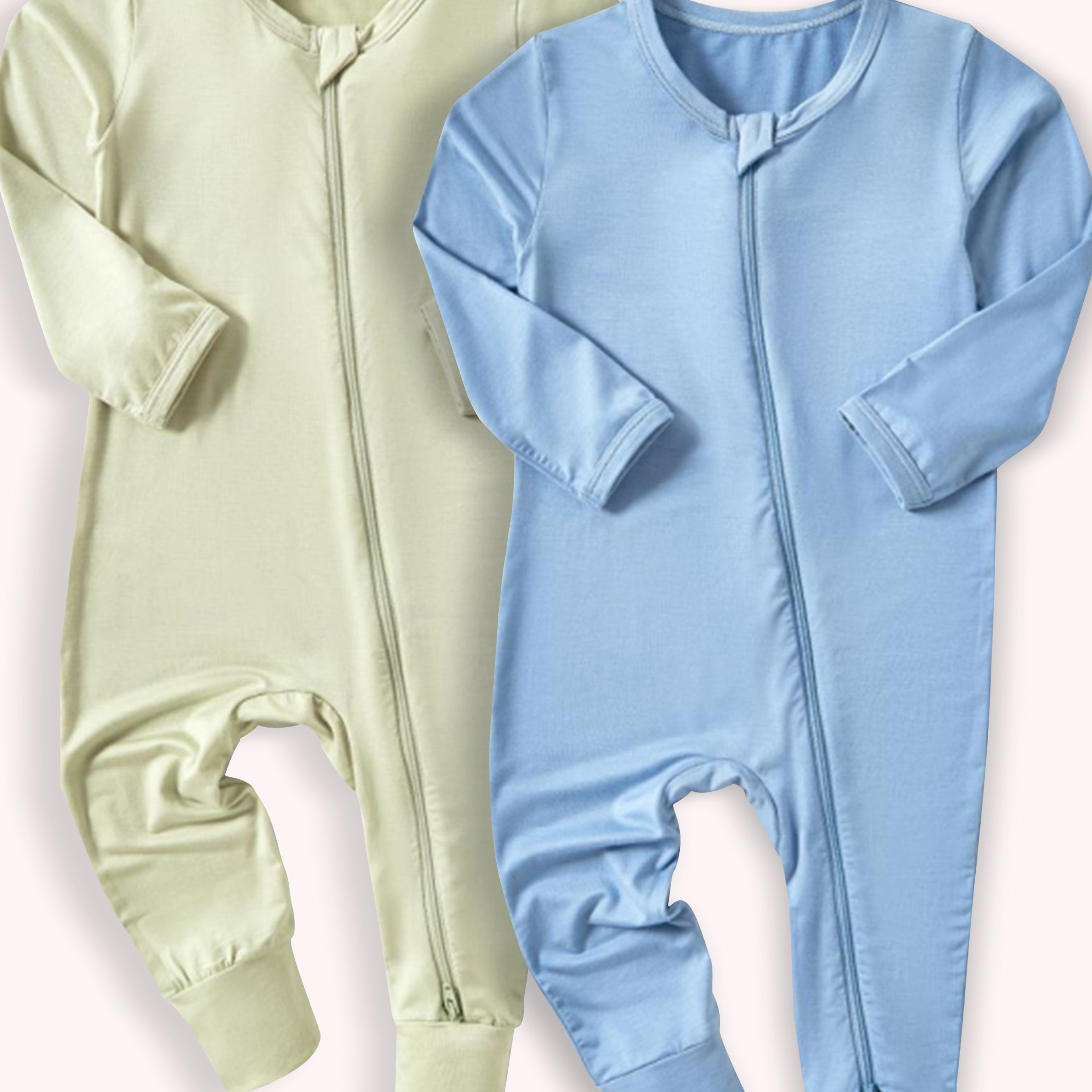 

2-pack Bamboo Fiber Zipper Rompers For Unisex Baby, Soft & Anti-bacterial One-pieces, Casual Style, Solid Color - Green & Blue Set