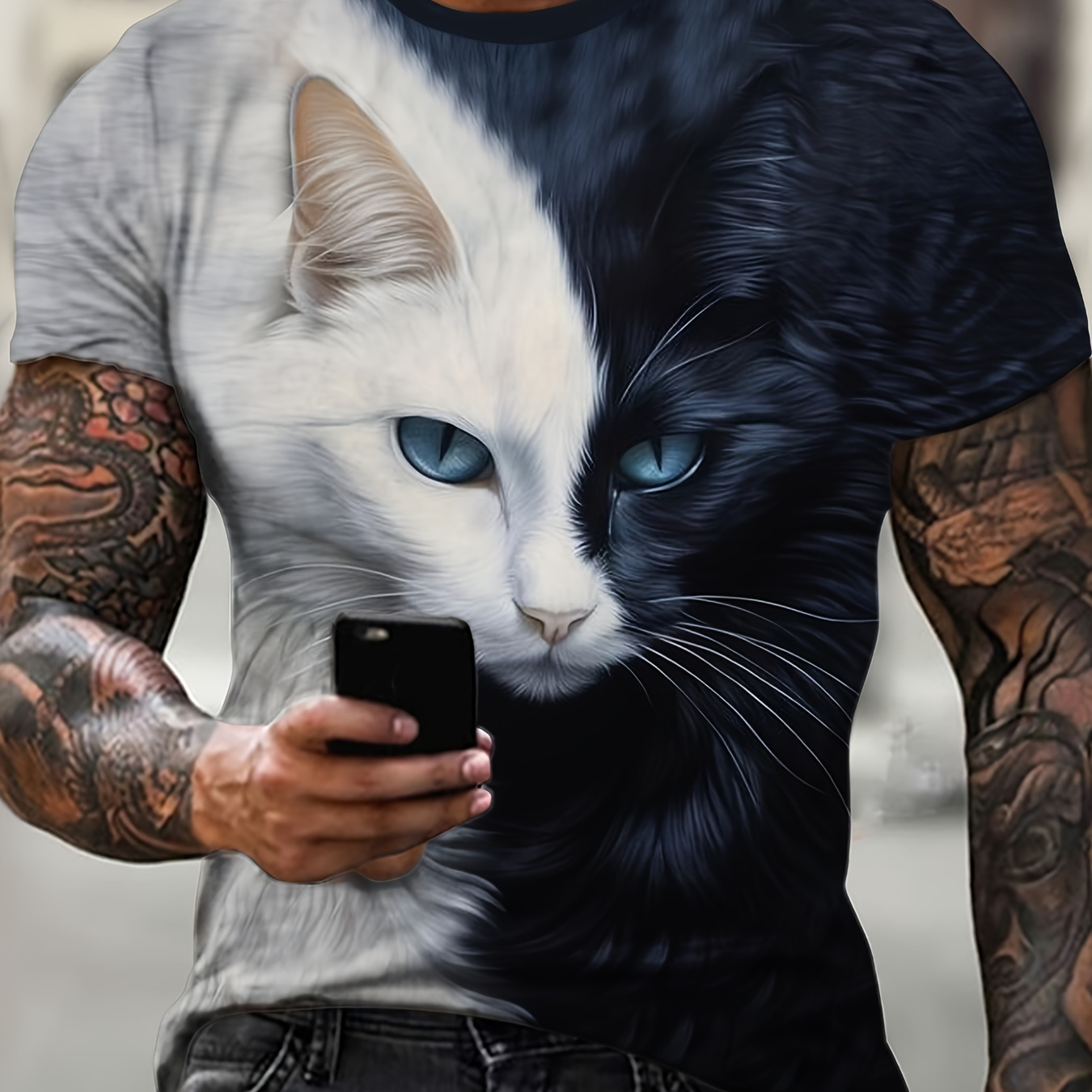 

Men's Color Blocking Cat Graphic T-shirt, Casual Stylish Short Sleeve Crew Neck Tee As Gift