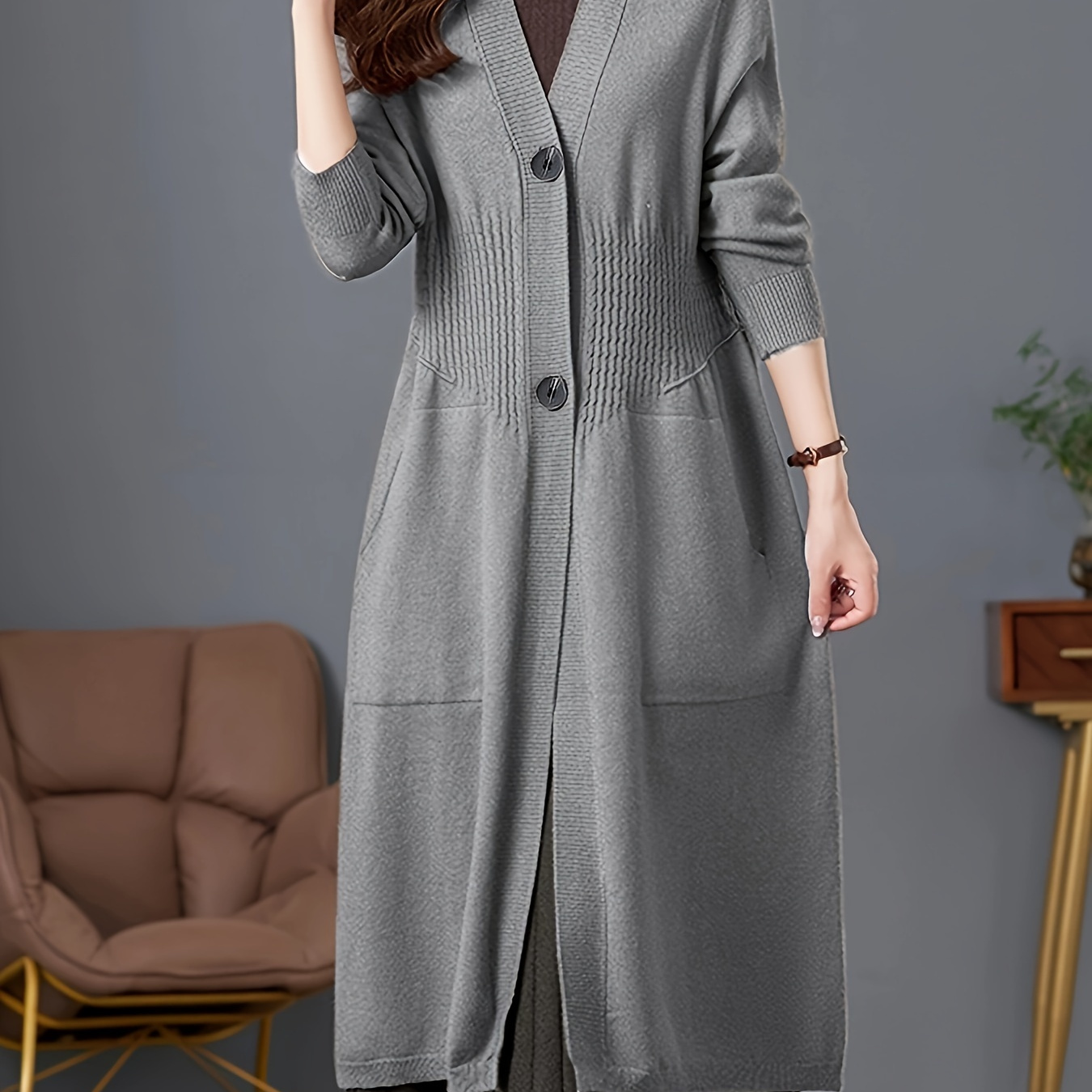 

Elegant Long Sleeve V-neck Cardigan For Women - Knit Fabric Polyester 100%, Solid Color, Middle , Long Length Over Knee, Fall/