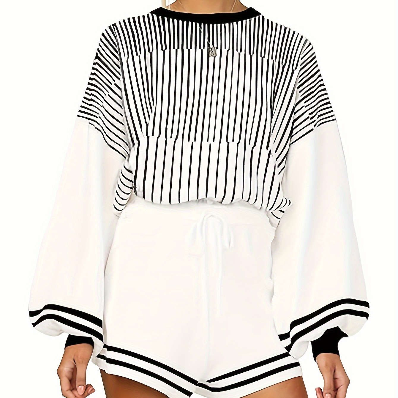 

Casual Striped Knitted 2 Pieces, Lantern Sleeve Pullover Sweater & Drawstring Shorts Outfits, Women's Clothing
