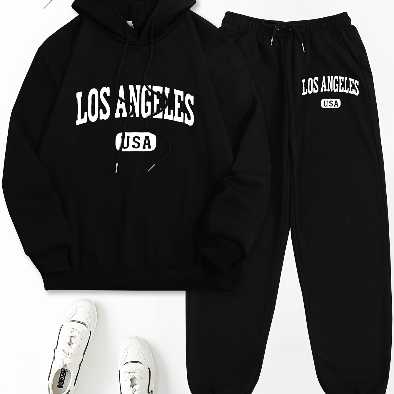 

Los Angeles Letter Print Two-piece Set, Casual Long Sleeve Hoodie & Drawstring Sweatpants Outfits, Women's Clothing