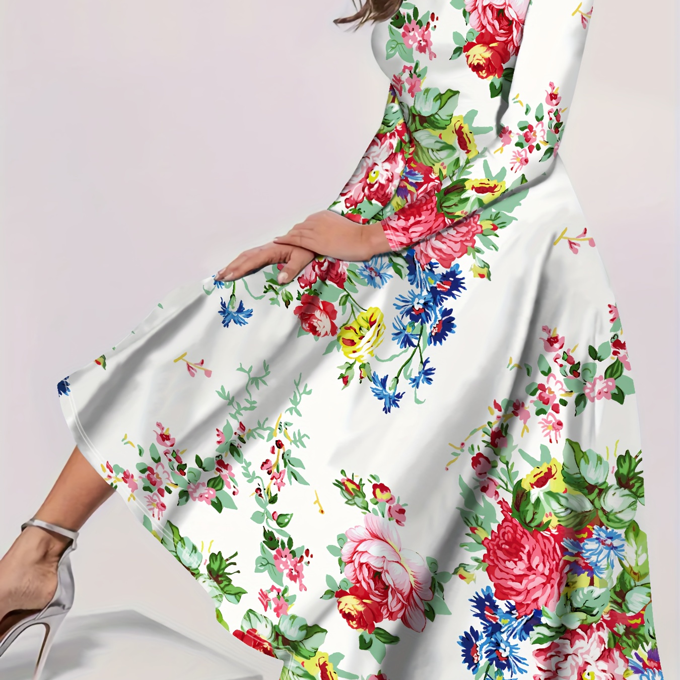 

Floral Print Crew Neck Dress, Casual Long Sleeve Midi Dress For Spring & Fall, Women's Clothing