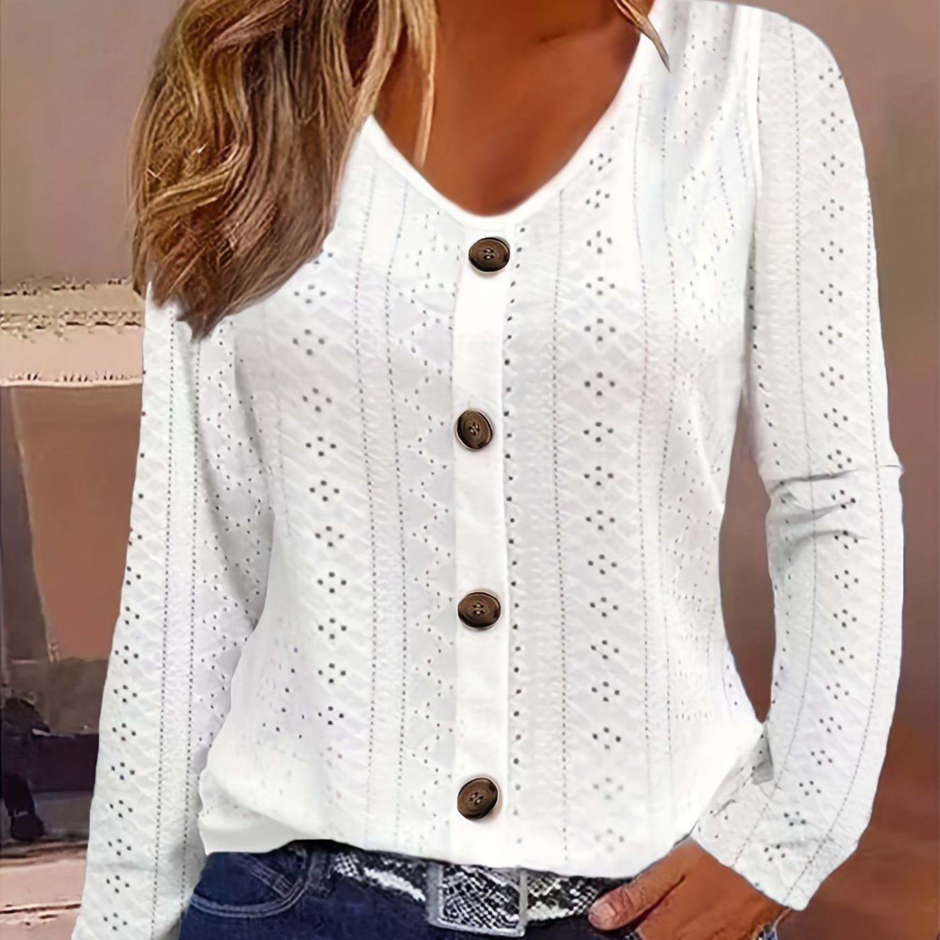 

Eyelet Button Front T-shirt, Casual V Neck Long Sleeve T-shirt For Spring & Fall, Women's Clothing