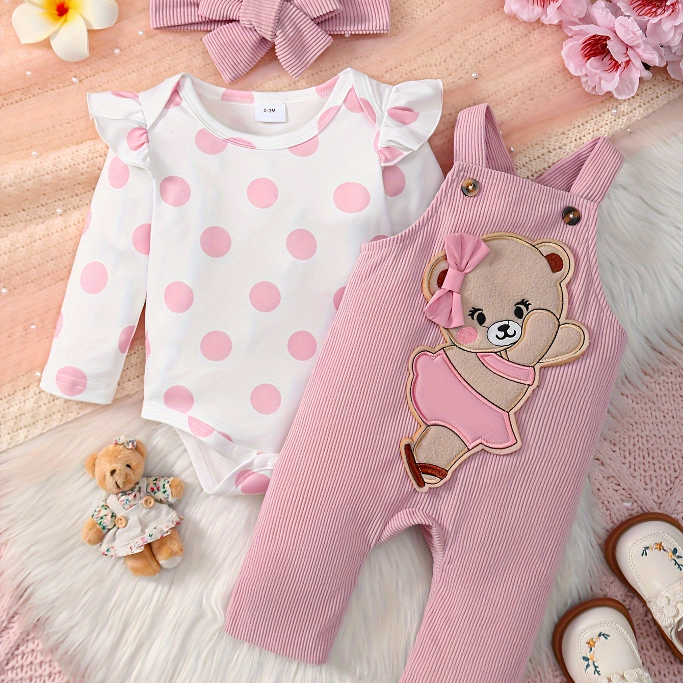 

2 New Baby Girl Pink Polka Dot Full Print Ruffle Long Sleeved Jumpsuit&cute Teddy Bear - Bow Corduroy Overalls&headscarf Clothing (adjustable Shoulder Strap Buttons), Outdoor