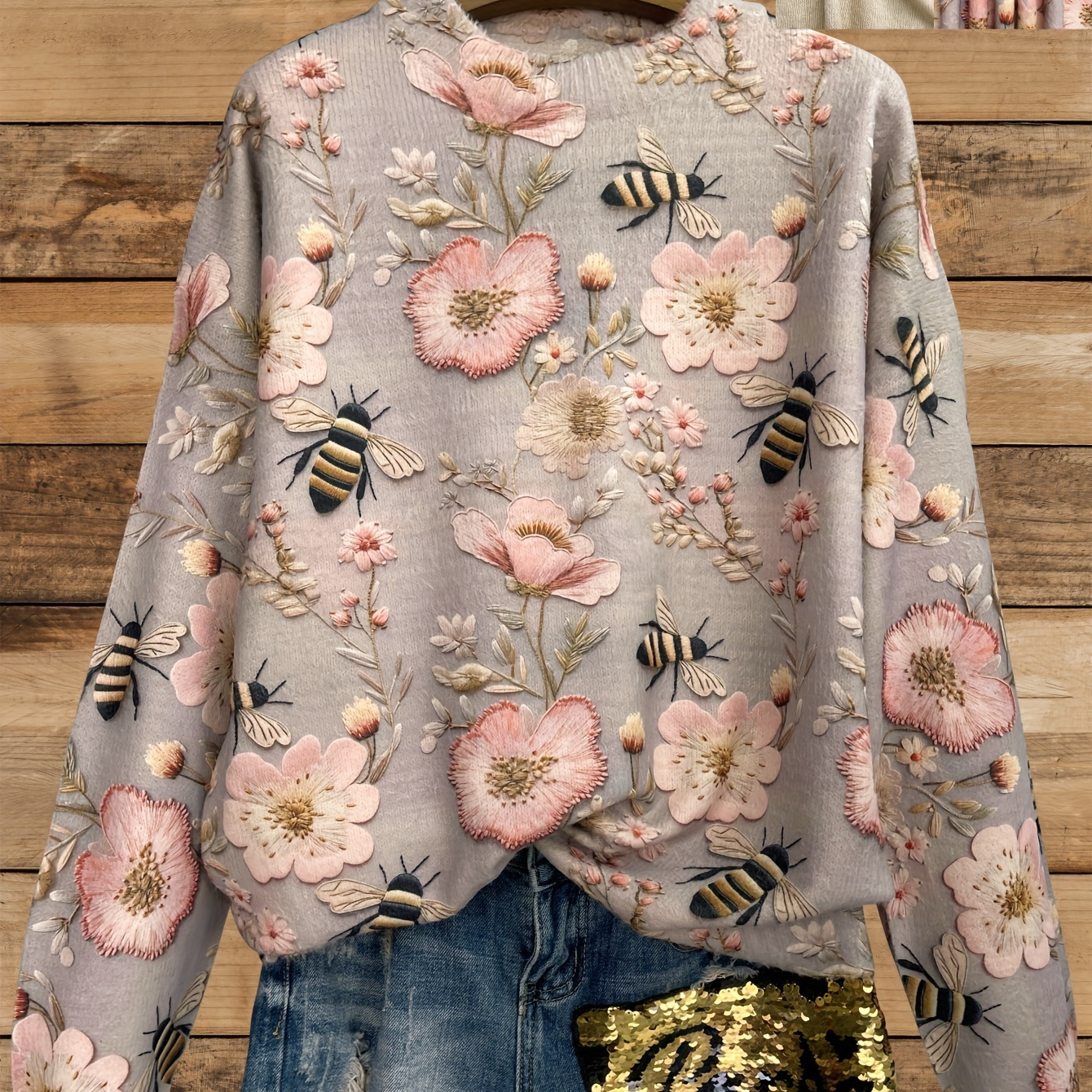

Plus Size Allover Floral & Bee Pattern Thick Sweater, Casual Crew Neck Long Sleeve Top, Women's Plus Size Clothing
