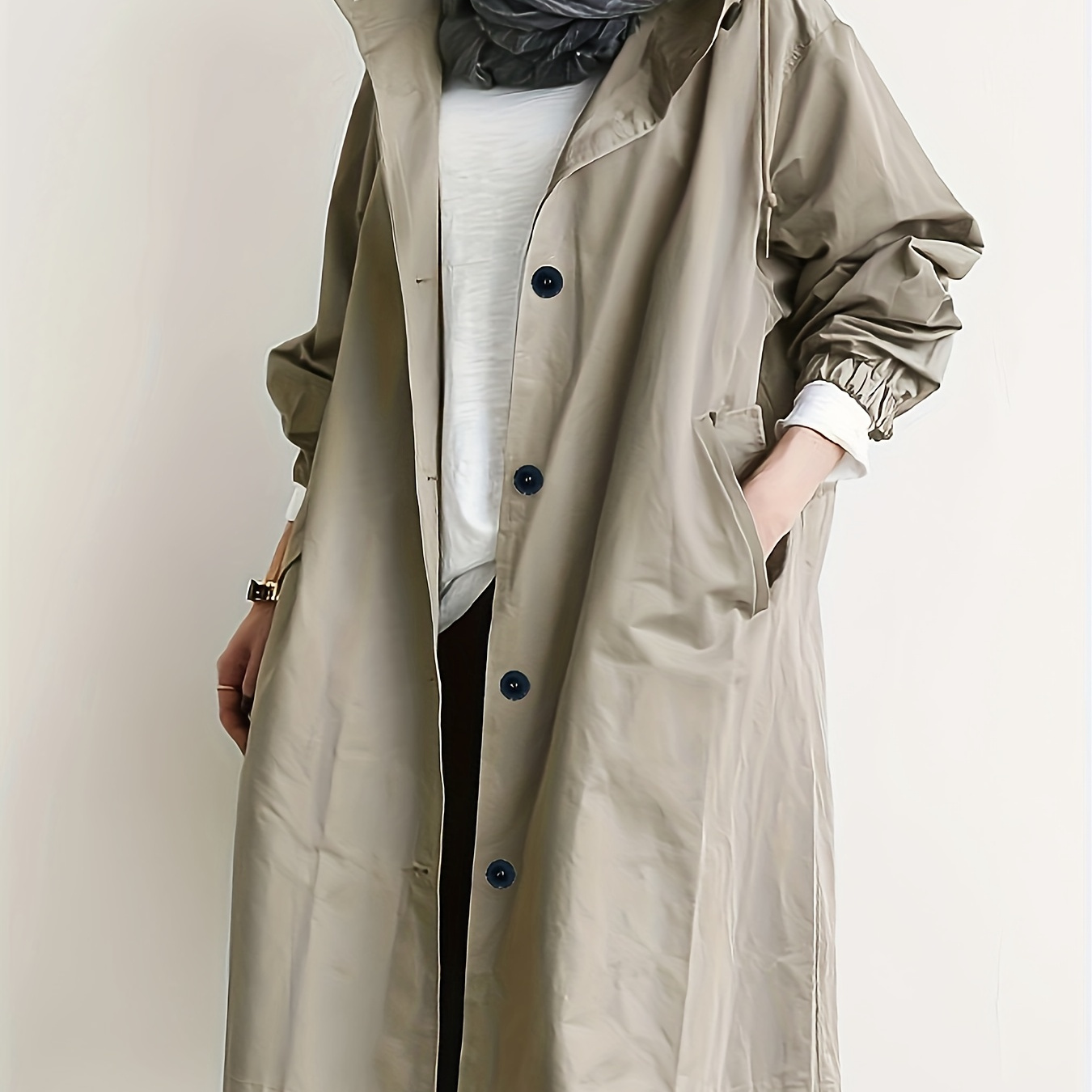 

Drawstring Hooded Trench Coat, Casual Solid Long Sleeve Outerwear, Women's Clothing