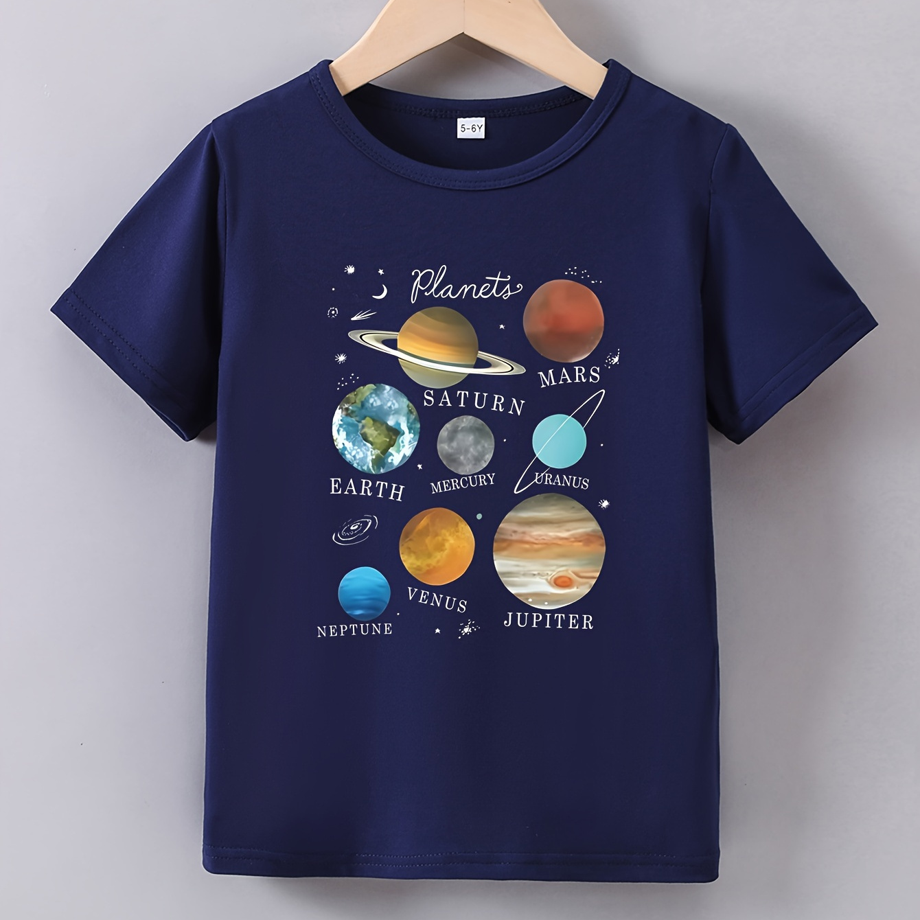 

Boys Summer Short Sleeve T-shirt, Cartoon Planet Letter Print, Casual Style
