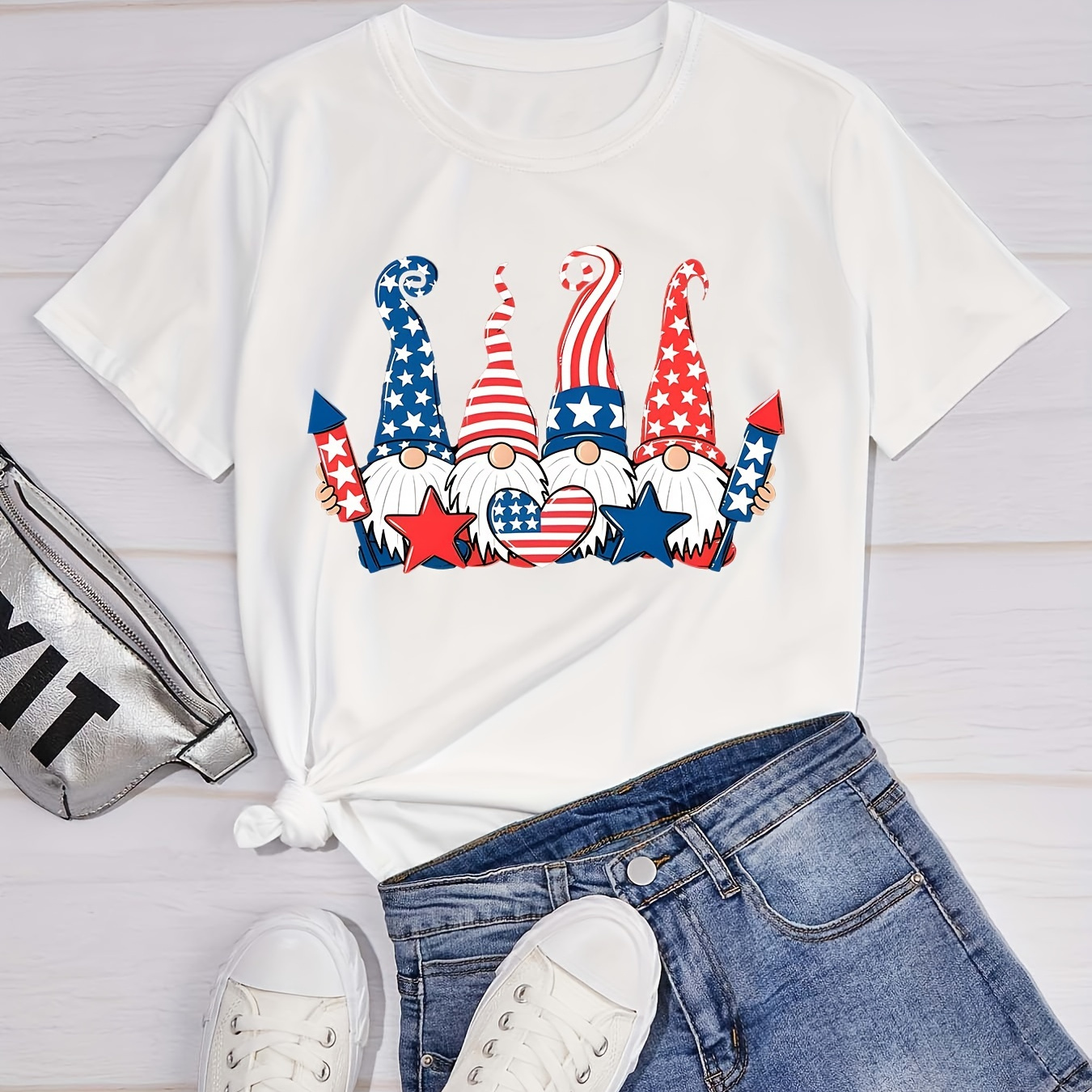 

Independence Day Gnomes Print T-shirt, Short Sleeve Crew Neck Casual Top For Summer & Spring, Women's Clothing