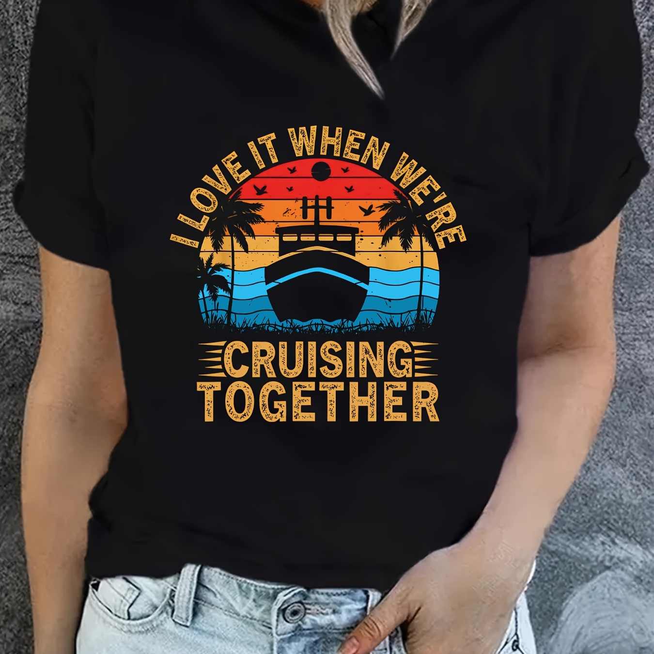 

Family Cruise Print T-shirt, Casual Crew Neck Short Sleeve Top For Spring & Summer, Women's Clothing