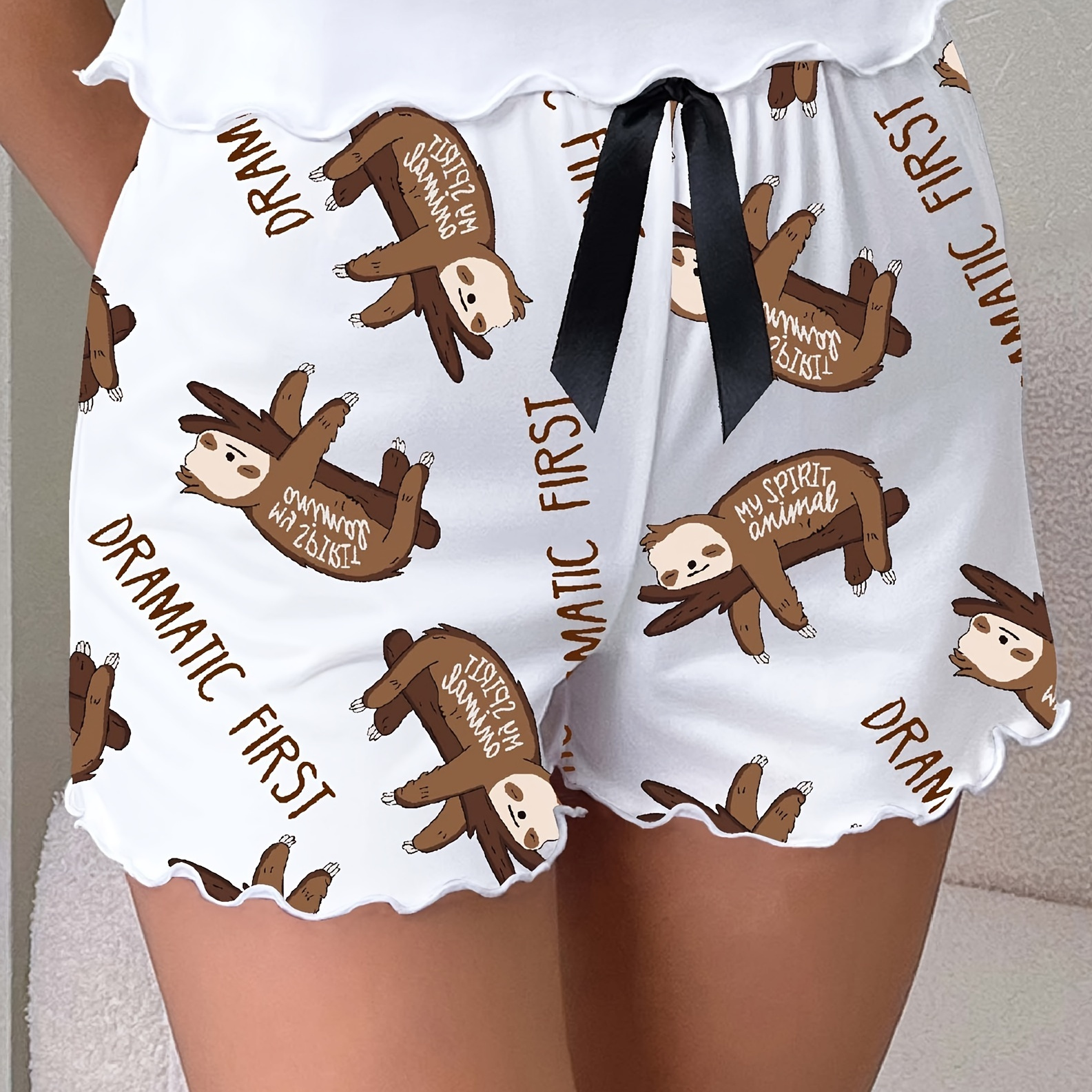 

Cute Cartoon Sloth & Letter Print Night Bottoms, High Waist Trim Shorts, Women's Sleepwear & Loungewear