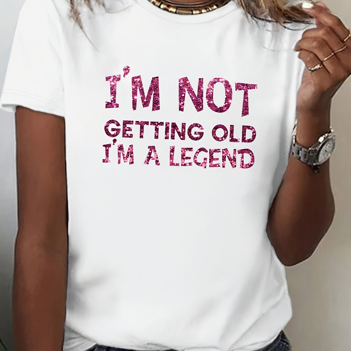 

Women's Casual Crew Neck T-shirt, Polyester Knit Fabric, Regular Length, With " Getting Old I'm A Legend" Letter Print, For