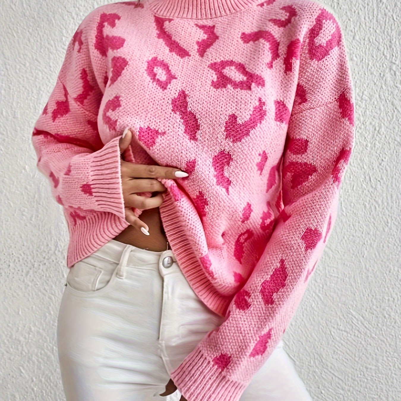 

Chic Leopard Neck Sweater For Women - Cozy Knit Pullover, Fall & Winter