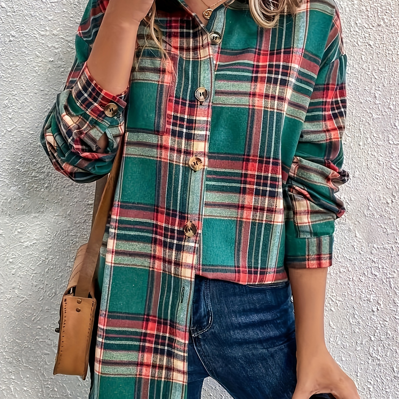 

Plaid Print Single Breasted Shirt, Casual Drop Shoulder Long Sleeve Loose Shirt For Spring & Fall, Women's Clothing