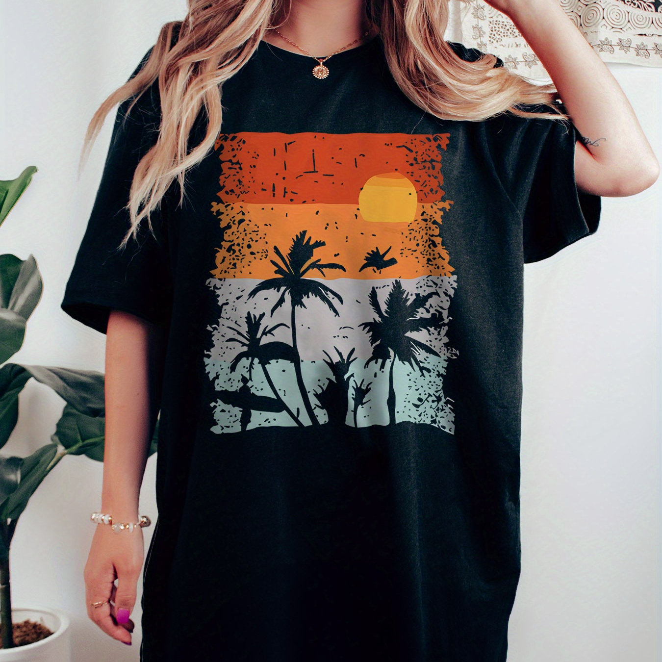 

Coconut Tree Print Crew Neck Tee Dress, Casual Short Sleeve Dress For Spring & Summer, Women's Clothing