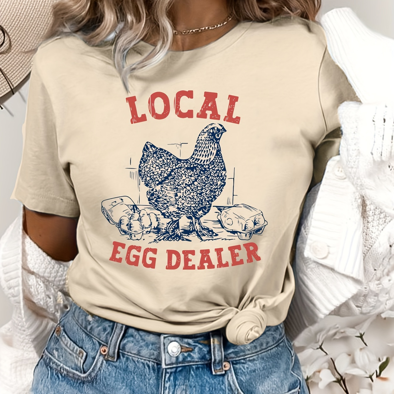 

T-shirt à col rond imprimé poulet, haut décontracté à manches courtes pour le printemps et l'été, vêtements pour femmes