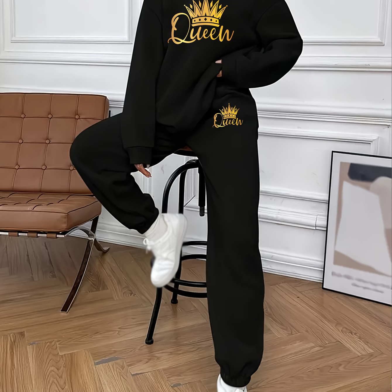 

Print Sweatshirt And Joggers Set - Women's Casual Polyester Knit Pantsuit, Crew Neck, Long Sleeve, Pocket Detail, Geometric Pattern, Fall/winter Collection