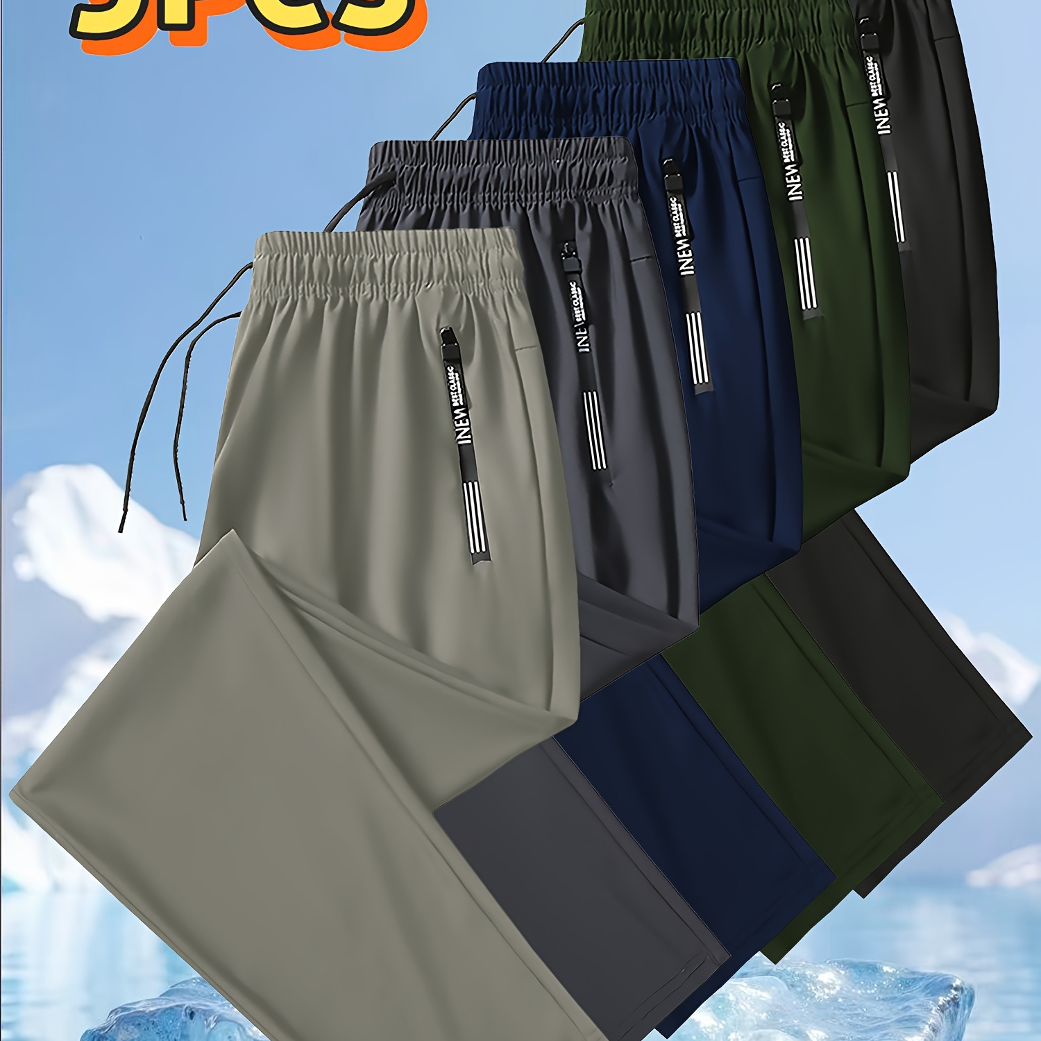 TEMU 5pcs Men's Summer Sports Pants, High Stretch Fiber, Polyamide 80% Spandex20%solid Color Fabric, Regular Fit With Pockets, Breathable Comfortablerunningtraining Long Trousers