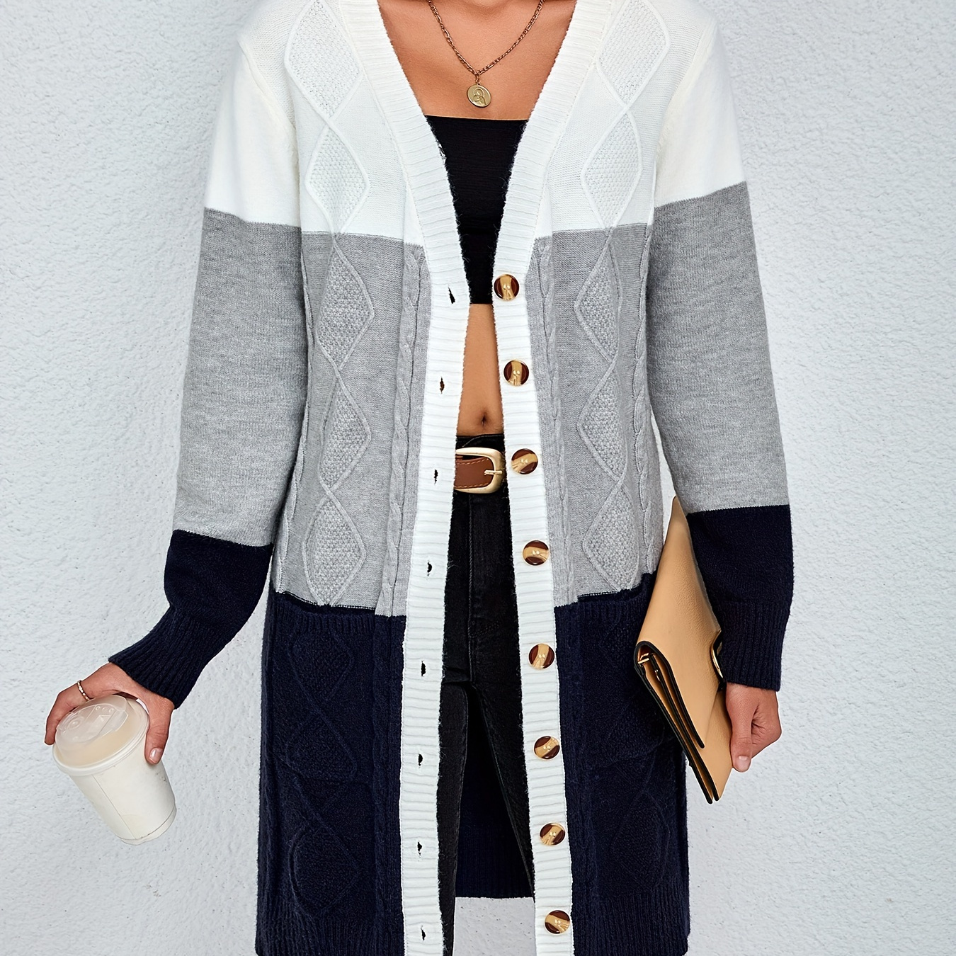 

Button Front Cardigan, Elegant V Neck Long Sleeve Knitted Cardigan, Women's Clothing