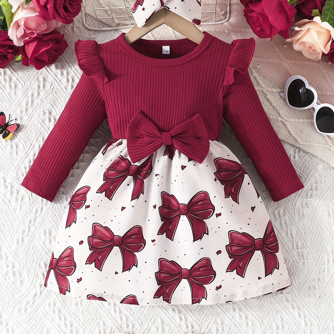 

Cute Long Sleeve Butterfly Print Flared Rib Knit Dress For Baby Girls - Cotton Crew Neck Playwear With Ruffle Detail For Spring/fall