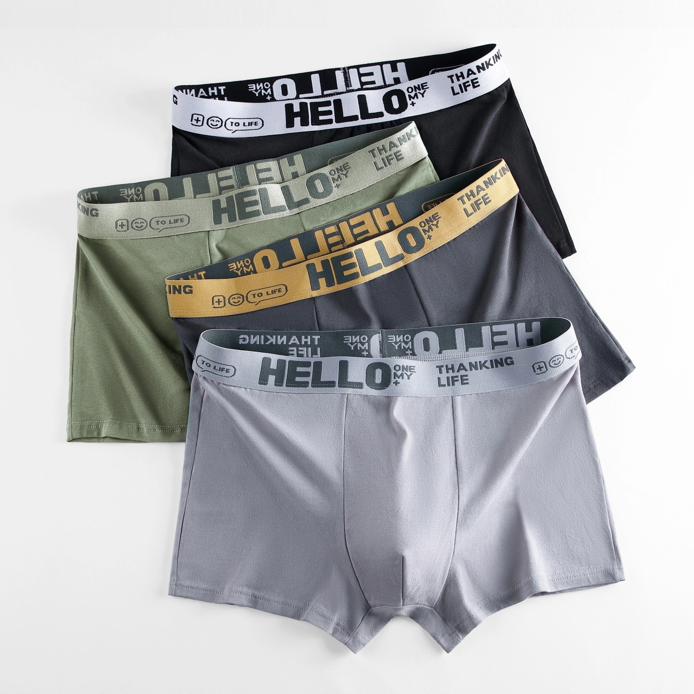 

4pcs Teen Boys' Boxer Briefs Set Boy Cotton Comfy Boxer Briefs Hello Solid Color Underwear Breathable