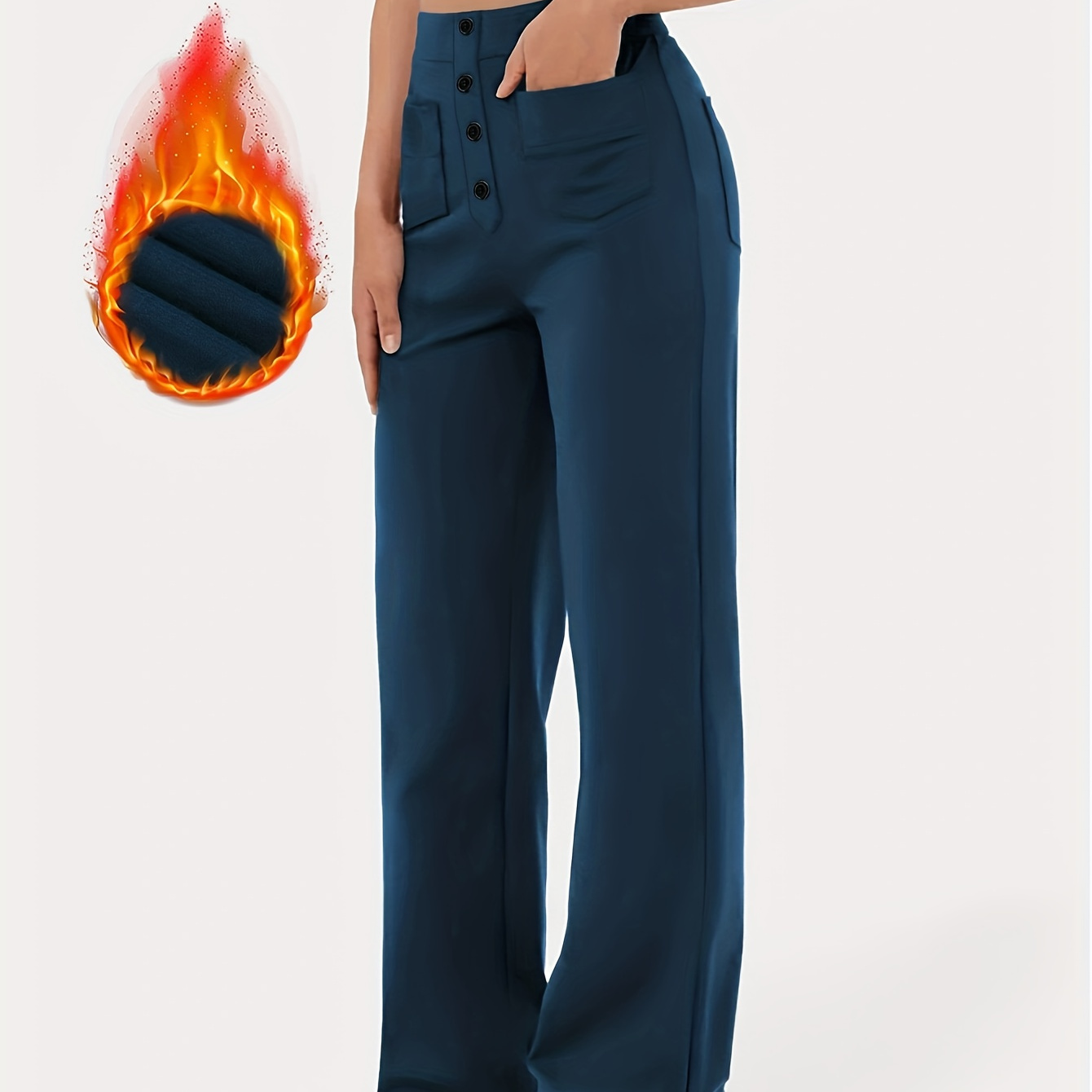 

Pantalon Droit en de Couleur Unie à Taille Haute pour Femme avec Détail de Bouton et Poches Multiples, Polyester 95% Élasthanne 5%, Confort Toutes