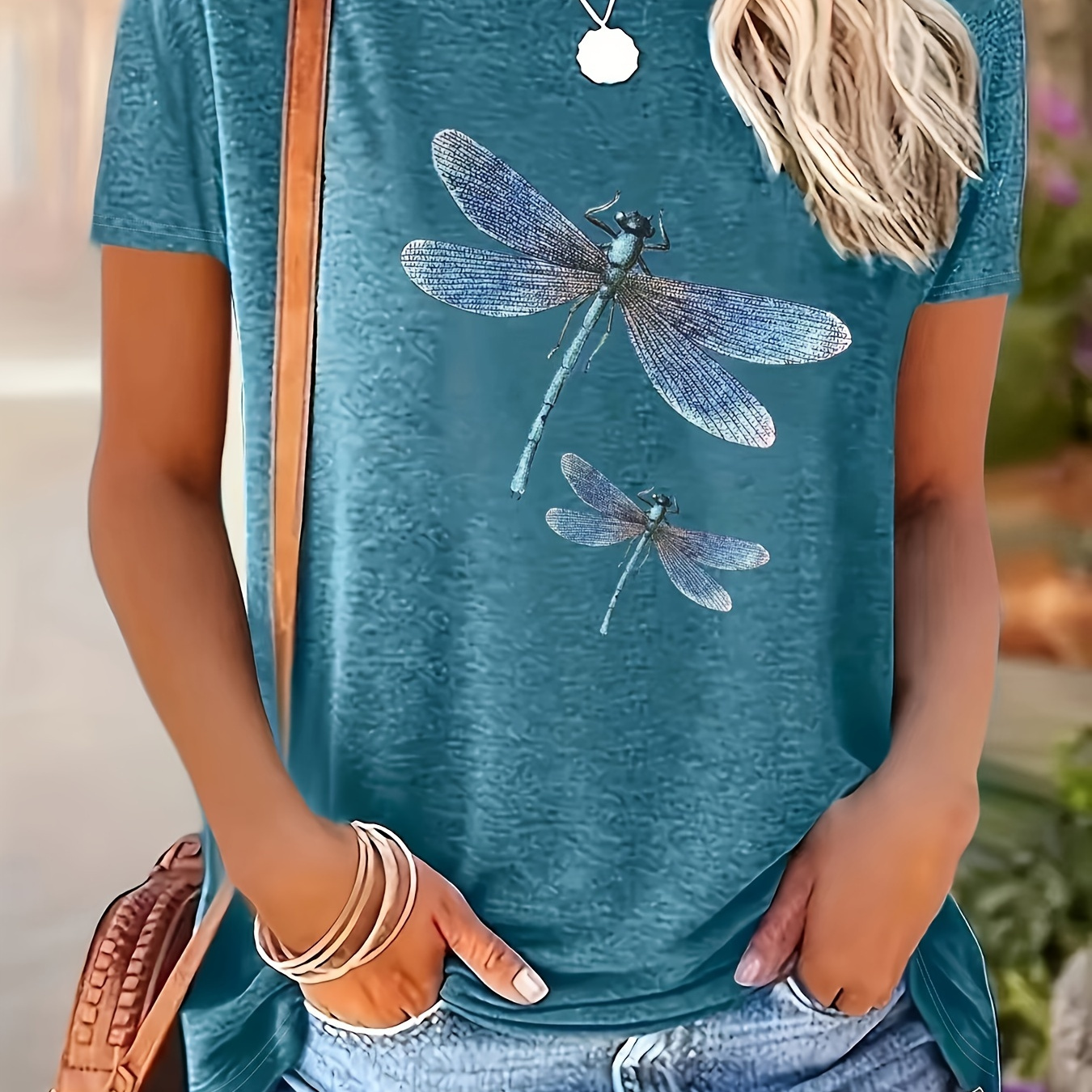 

Dragonfly Sports T-shirt, Short Sleeve Crew Neck Comfortable Top, Women's Clothing