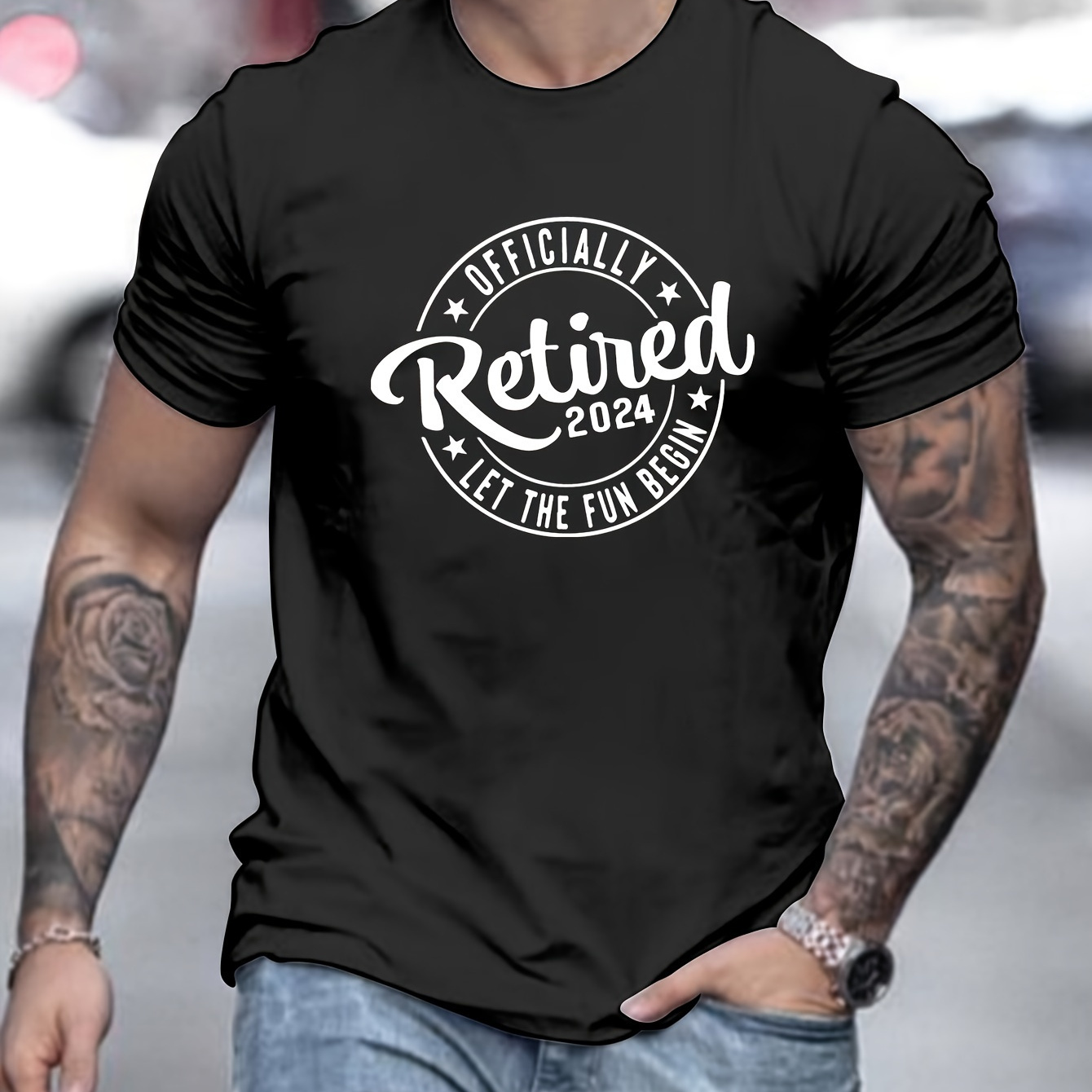 

Retired 2024 Pattern Print Men's Crew Neck Short Sleeve Tees, Summer Trendy T-shirt, Casual Comfortable Top For Outdoor Sports & Vacation Camping