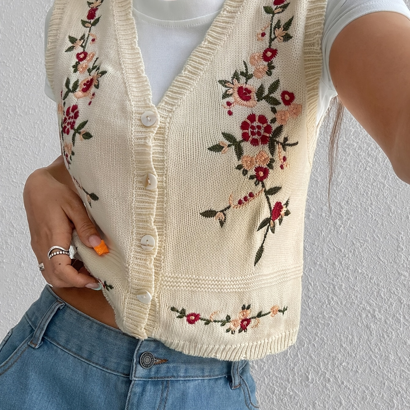 Women's Elegant Floral Jacquard V-Neck Cardigan