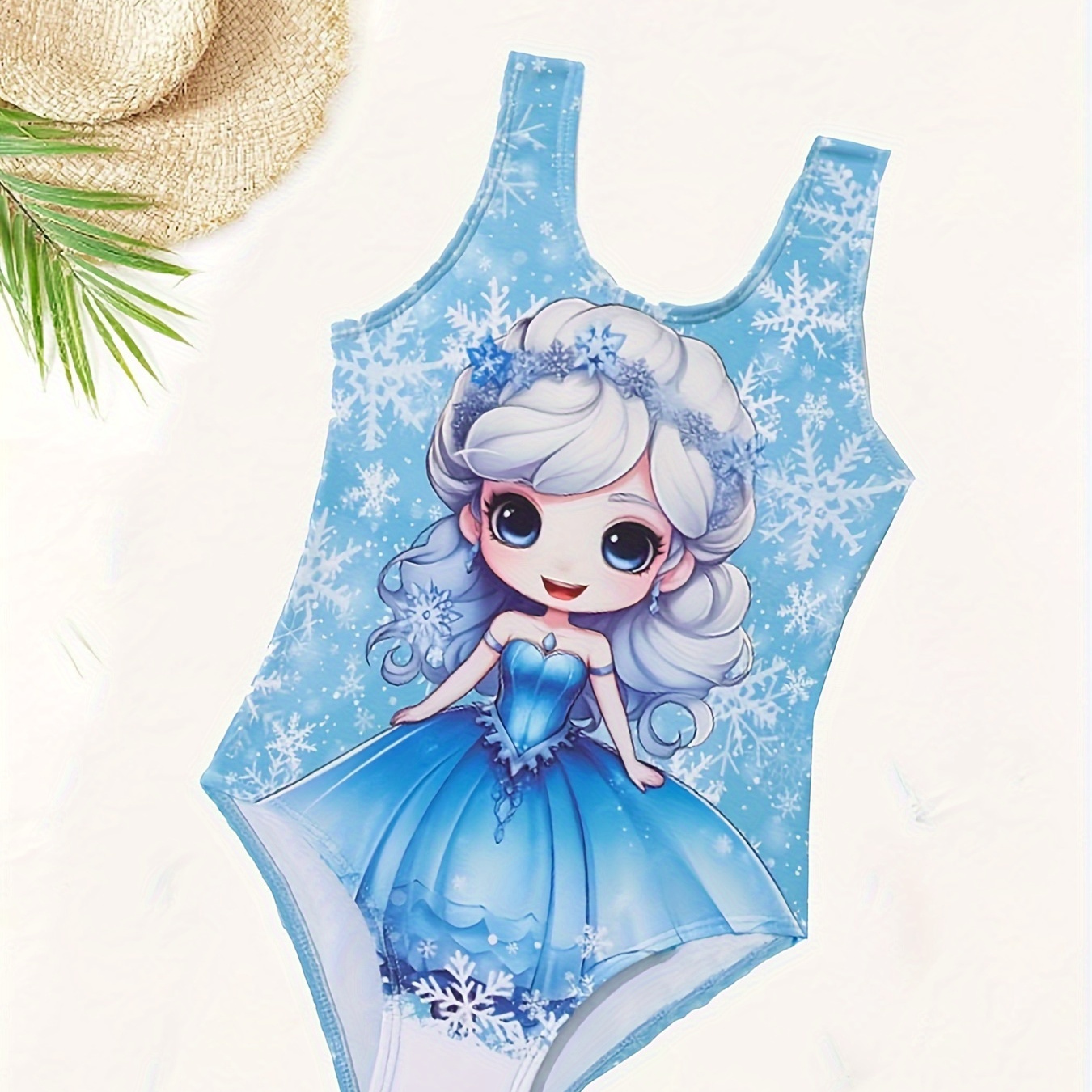 

Girls 1-piece Stretchy & Stylish Cartoon Princess Girl & Snowflake Graphic Print Swimsuit For Pool Party & Beach