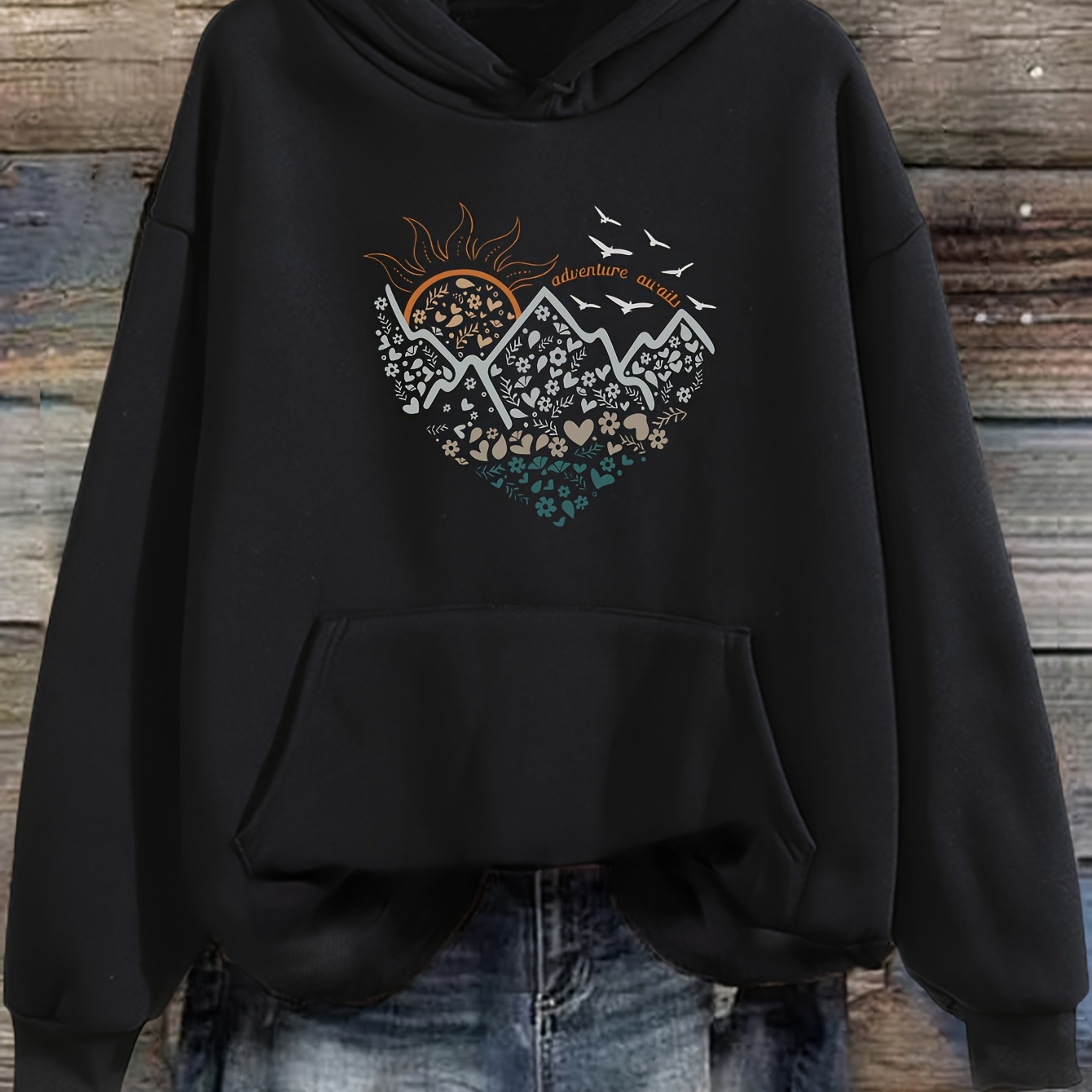 

Mountain & Sun Print Kangaroo Pocket Hoodie, Casual Long Sleeve Drawstring Hooded Sweatshirt, Women's Clothing