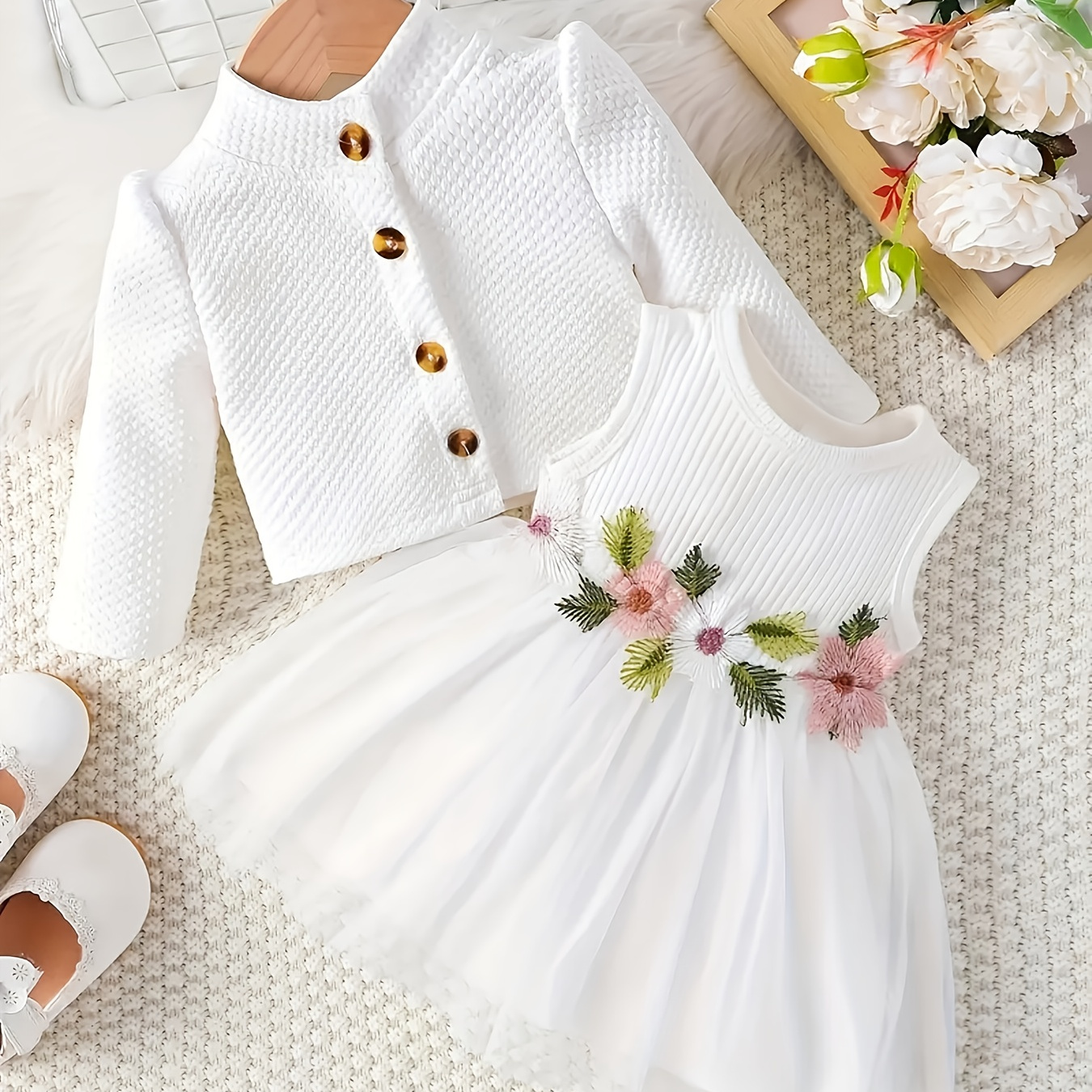 Cosas para bebés, conjunto casual de vestido floral bordado para niña, con chaqueta y falda, para exteriores, necesidades para recién nacidos/niñas pequeñas