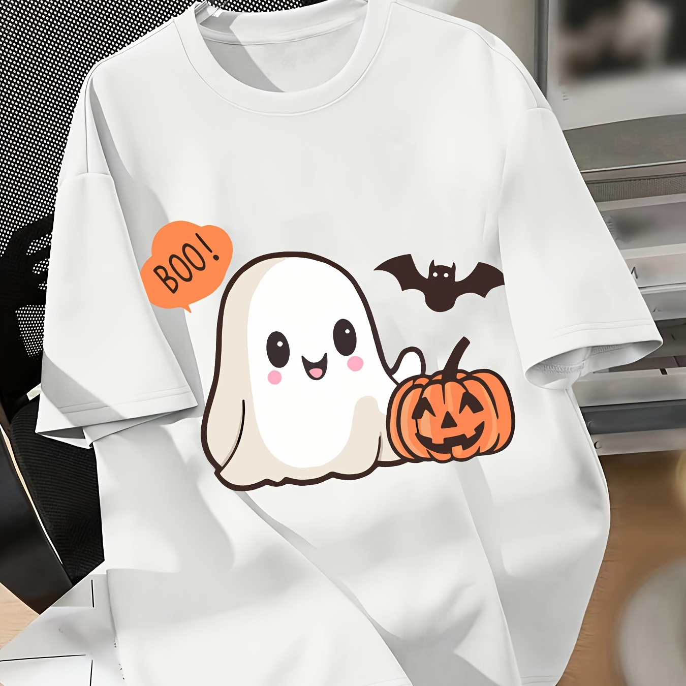 

& Bat Pumpkin Design Casual T-shirt For All Seasons - Polyester Knit Fabric, Round Neck, Regular Fit