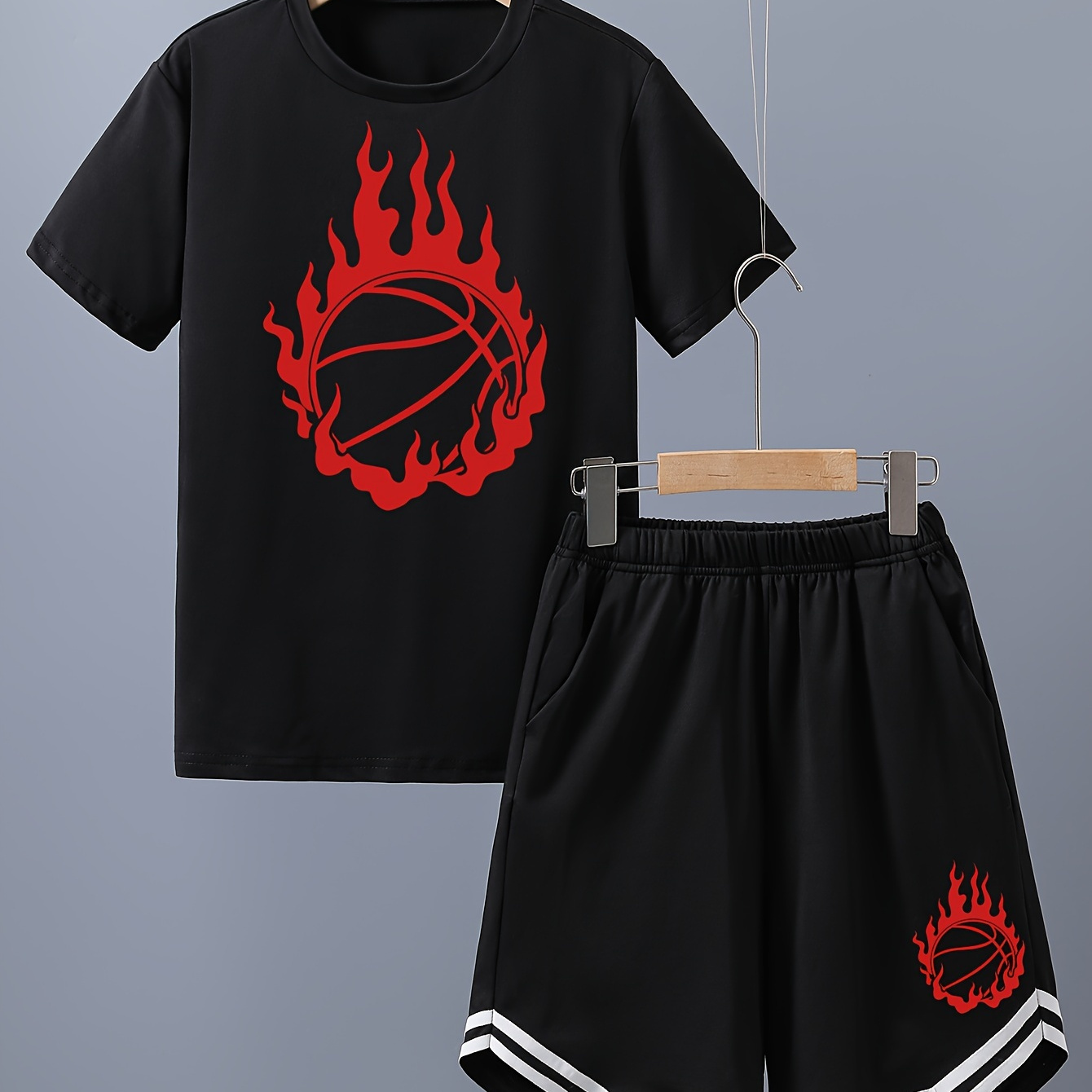 

Boys Fashion Casual Summer Refreshing Outdoor Sports Summer Basketball Print Cool Jersey Pocket Short Sleeve Shorts Set