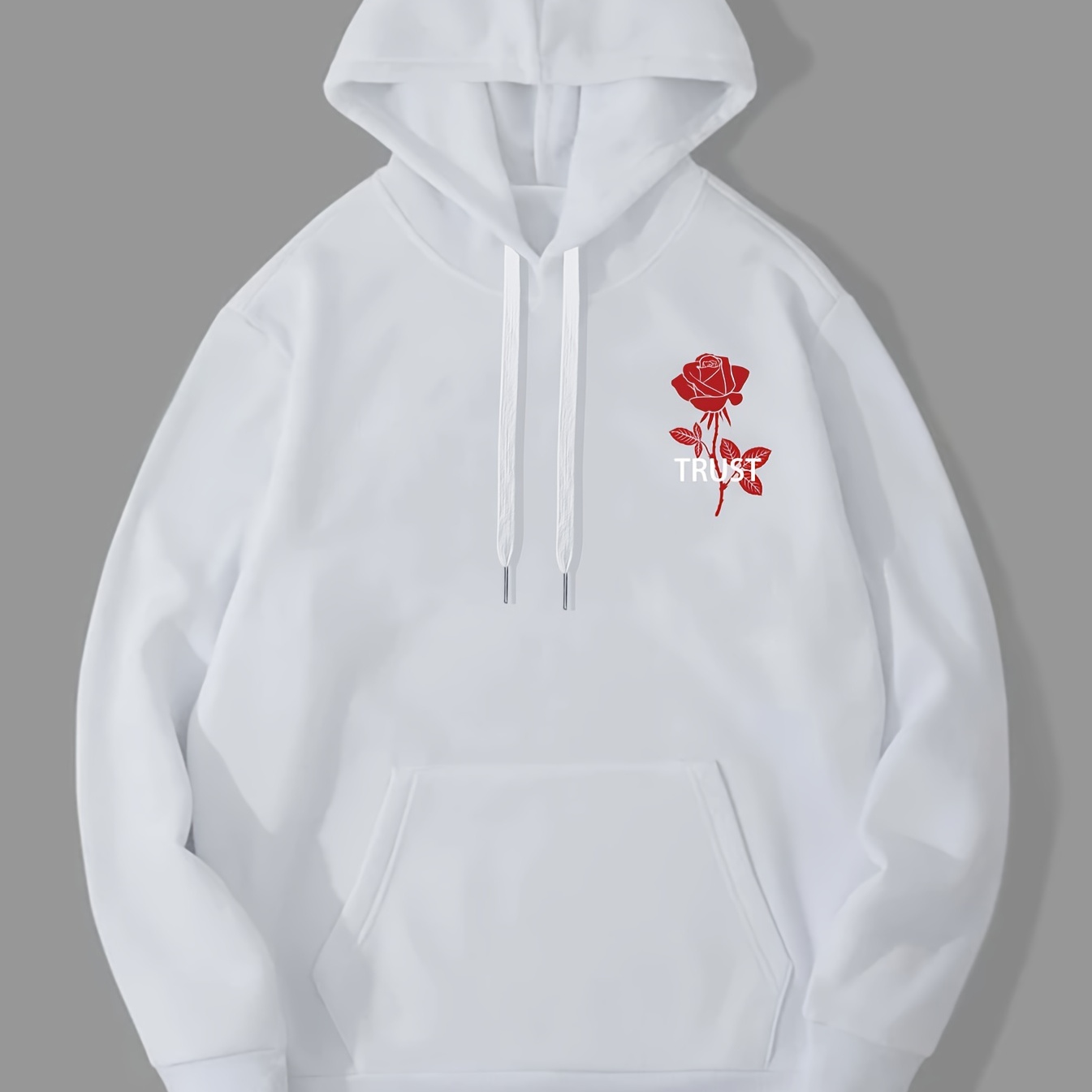 

Red Rose Print Hoodies For Men, Graphic Hoodie With Kangaroo Pocket, Comfy Loose Trendy Hooded Pullover, Mens Clothing For Autumn Winter