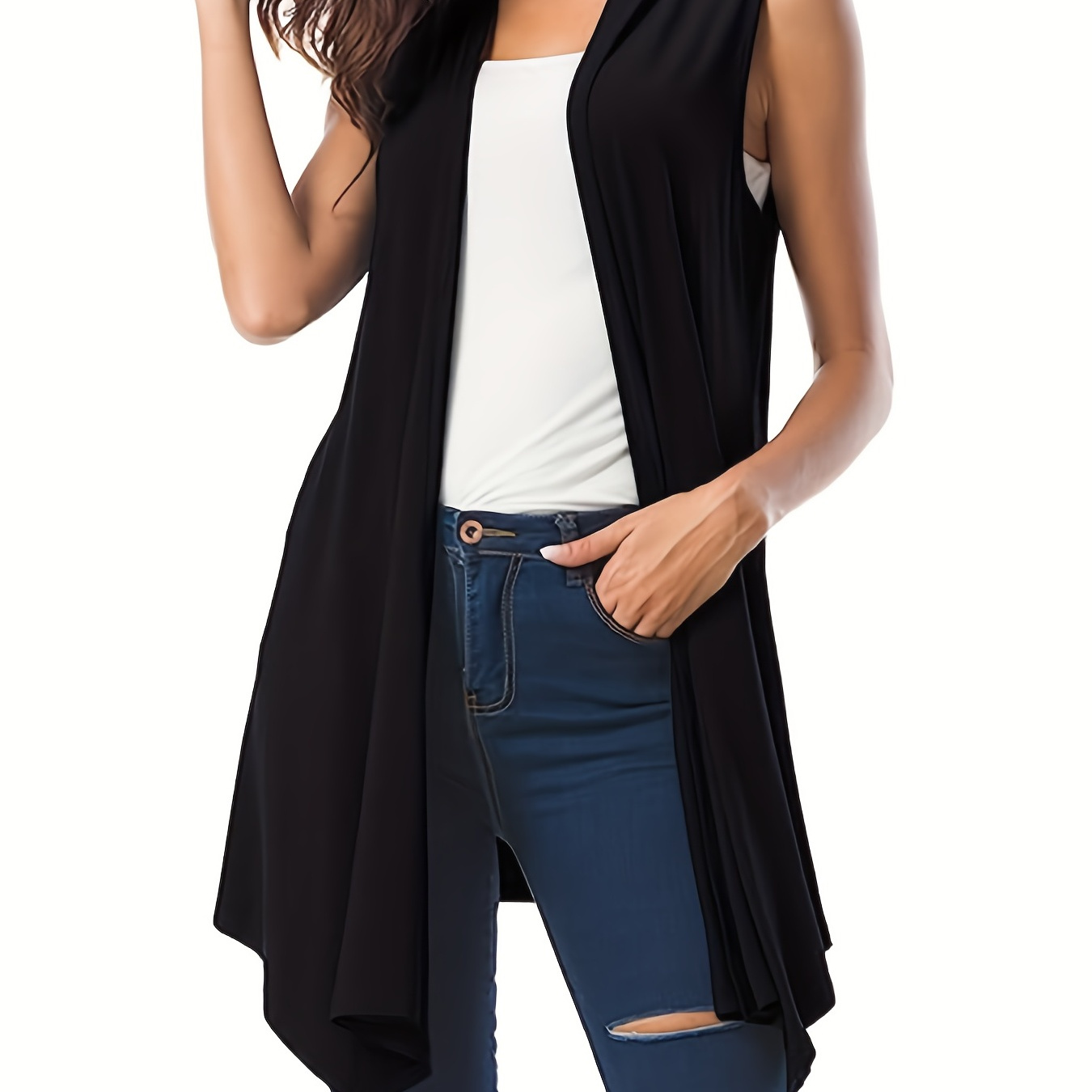 

Plus Size Casual Cover Ups, Women's Plus Open Front Asymmetric Hem Sleeveless Cover Ups