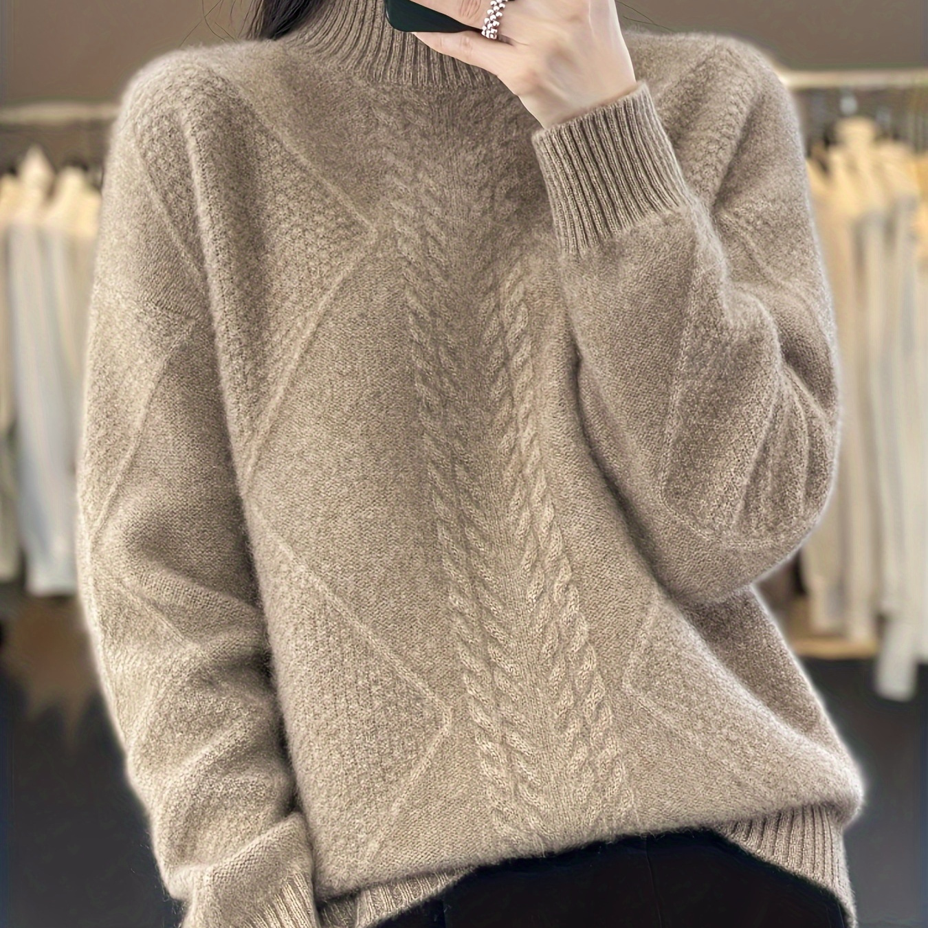 

Elegant Cable Knit Sweater For Women - , Mock Turtleneck, Long Sleeve Pullover - Fall/winter