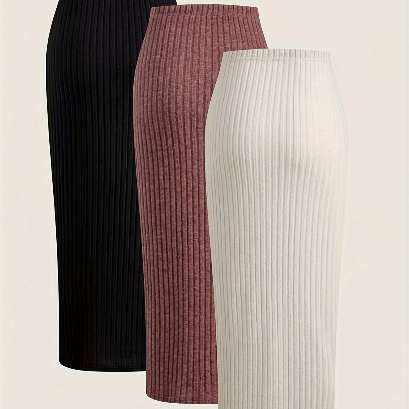 

Solid Color Skirt 3 Pack, Versatile High Waist Ribbed Knit Skirt For Spring & Fall, Women's Clothing