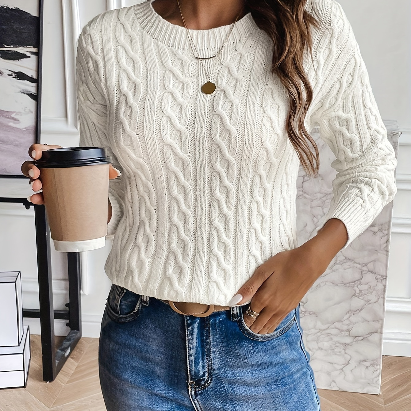 

Pull à col rond en tricot torsadé, élégant pull à manches longues pour l'automne et l'hiver, vêtements pour femmes.