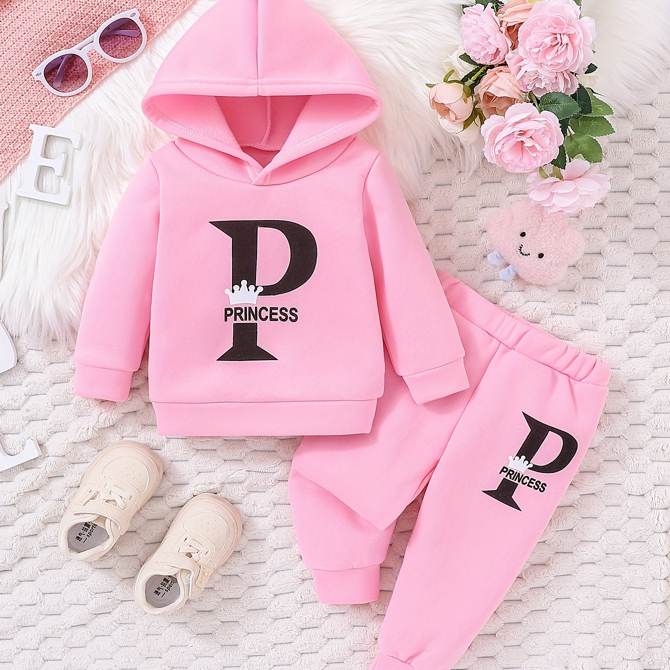 

Baby Girls Crown Letter Print Pure Polyester Hooded Fleece Hoodie + Pants Set, Autumn And Winter Thin Fleece Cute Two-piece Set