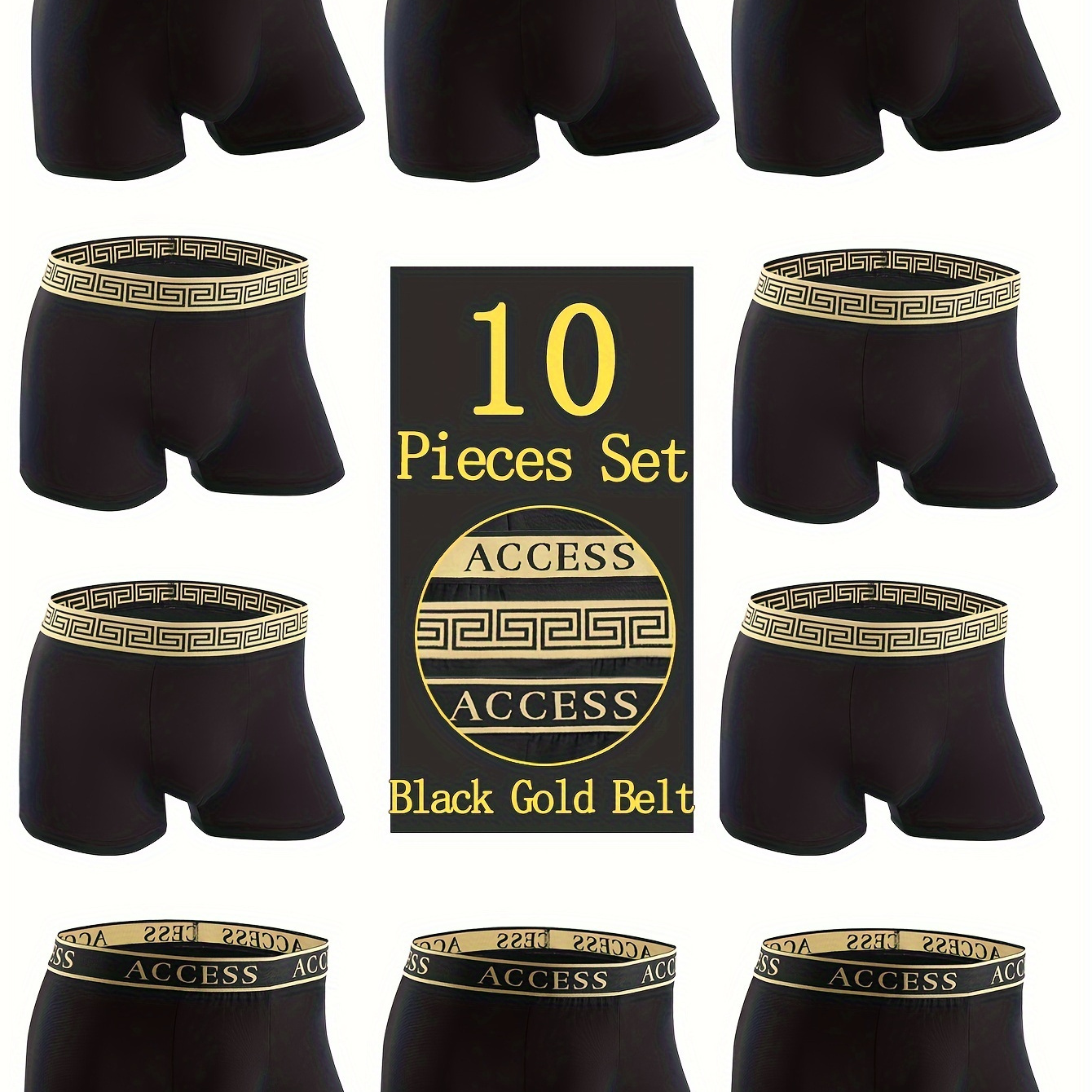 

fr: 10-Pack de Boxers pour Hommes, Confortables et Respirants, Noir avec Ceinture Dorée, Couleur Unie, Tissu Polyester Extensible, Détail, pour à Pied et l'Exercice, Coupe Régulière, Construction en