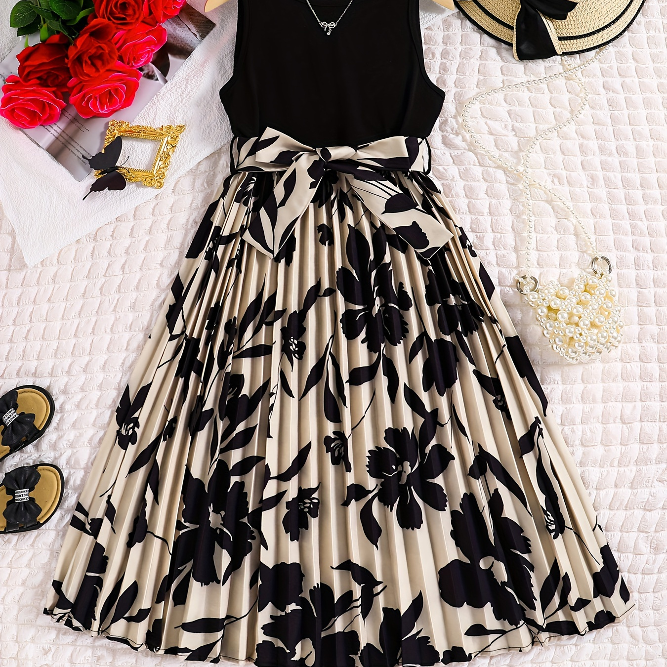 

Elegant Girls Sleeveless Dress Floral Print Pleated Stitching Dress With Belt For Holiday Beach Summer
