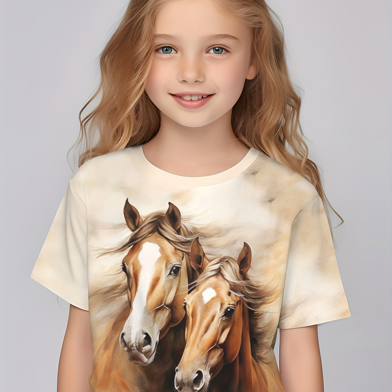 

Breathable 3d Horse Print Crew Neck Short Sleeve T-shirt Tops For Girls Summer Gift