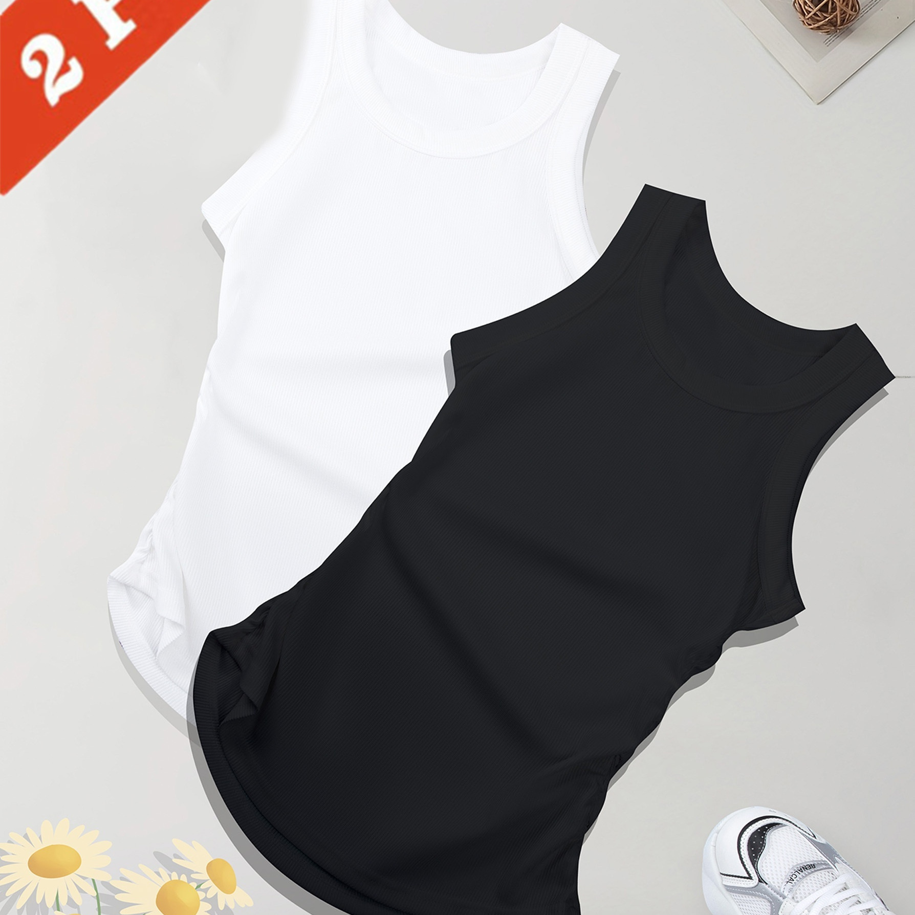 

2 Packs - Women's Sleeveless Vest, Summer Exercise And , Ribbed Basic Shirt, Body-fitting Sports Vest